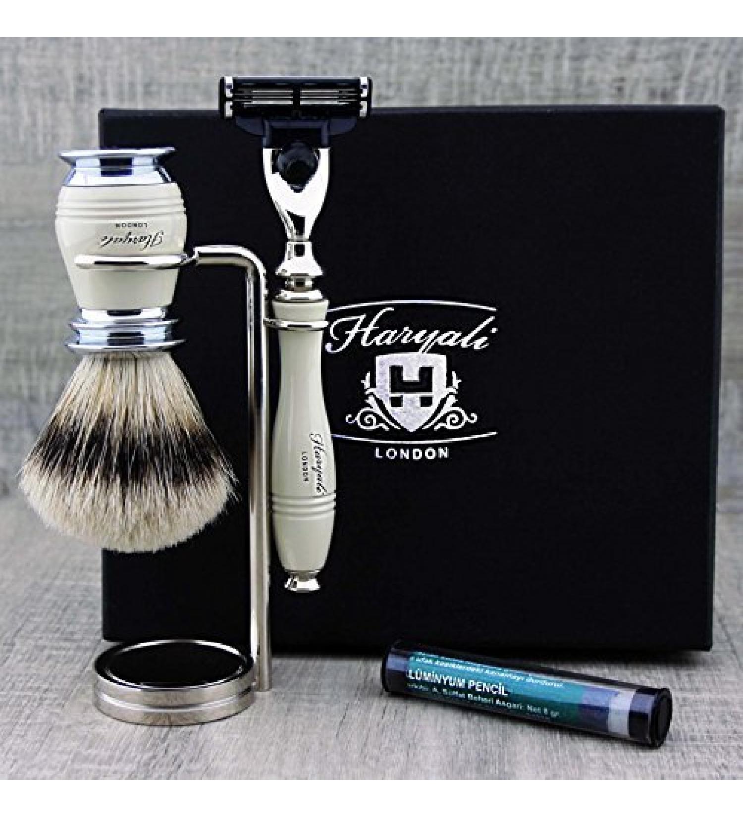Ultimate 3 Edge Shaving Razor Set | Pure Silver Tip Badger Brush Stand & Alum Pencil - Perfect Men's Shaving Kit for a Superior Grooming Experience - Buy Online on GoSupps.com
