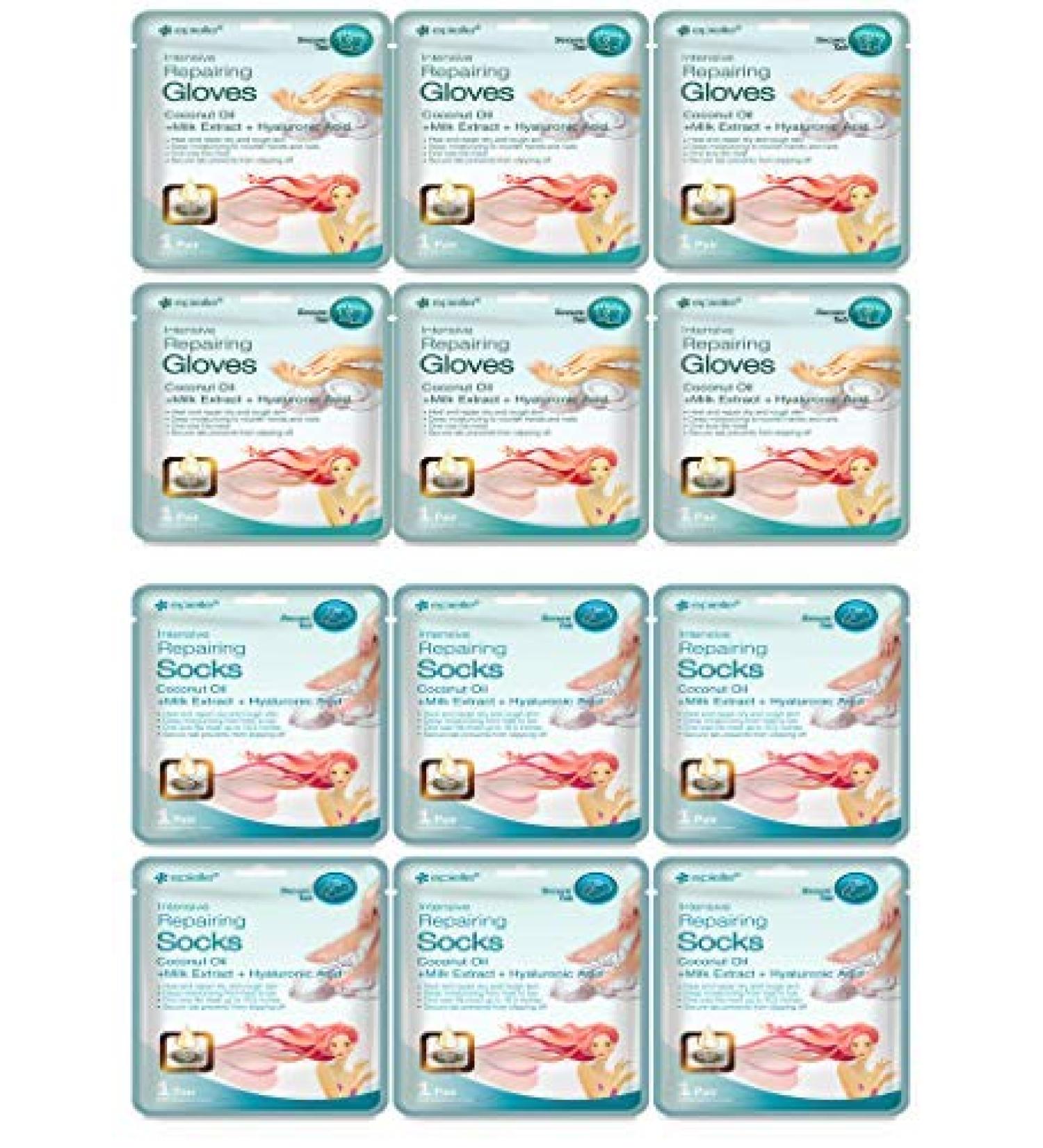 Epielle Intensive Repairing Masks for Hand and Foot (Glove & Socks-12pk) Dry Hand, Dry & Cracked Heel to toe Spa Masks Coconut Oil + Milk Extract