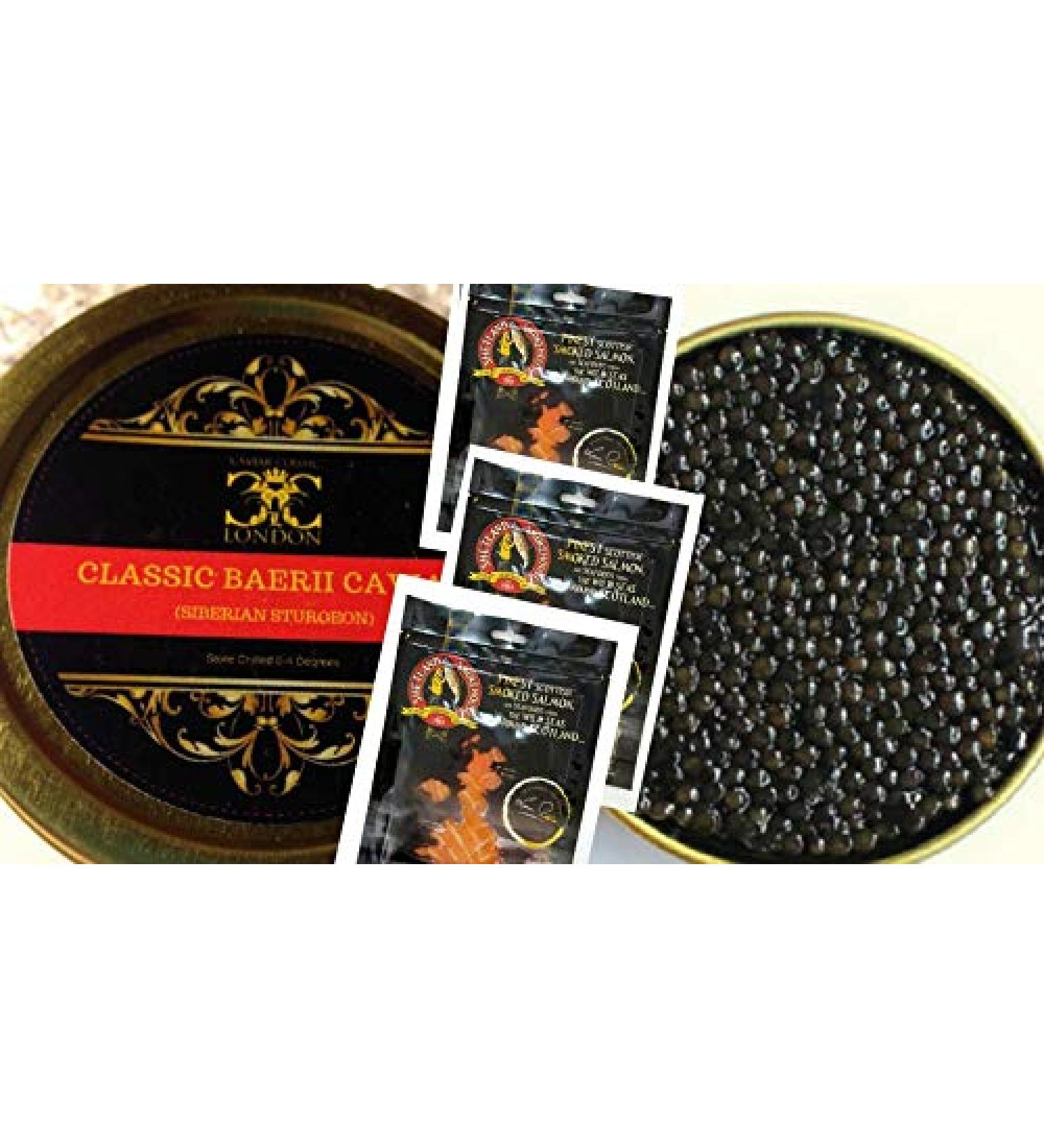 125 GR.Caviar Baerii Classic (Siberian Sturgeon) & 3 x 100 g. Smoked Scottish Salmon - Buy Online on GoSupps.com