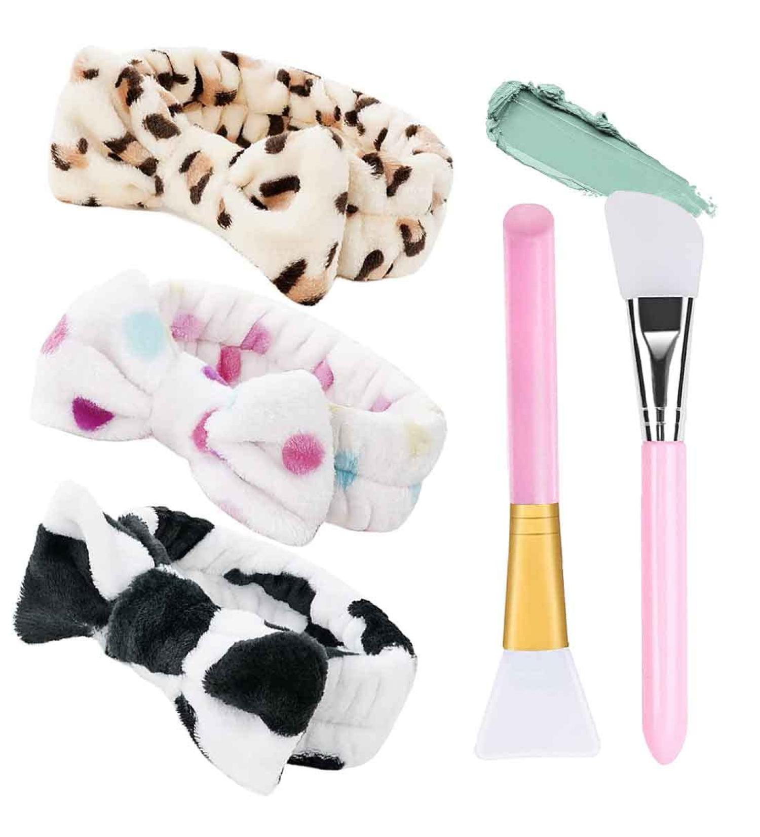 Makeup Hair Band Set - 3 Bowknot Headbands & Silicone Brushes for Facial Cleaning - Khaki Leopard White & Black - Buy Online on GoSupps.com