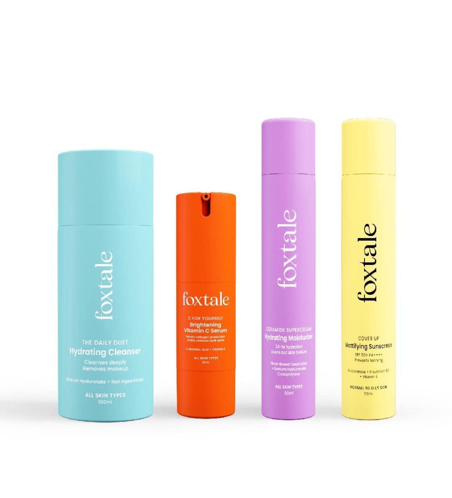 Morning Glory Routine (Matte) Skin Care Kit | Cleanser Face Wash 100ml + Ceramide Moisturizer 50ml + Vitamin C Face Serum 30ml + Matte Finish Sunscreen 50ml - Buy Online on GoSupps.com