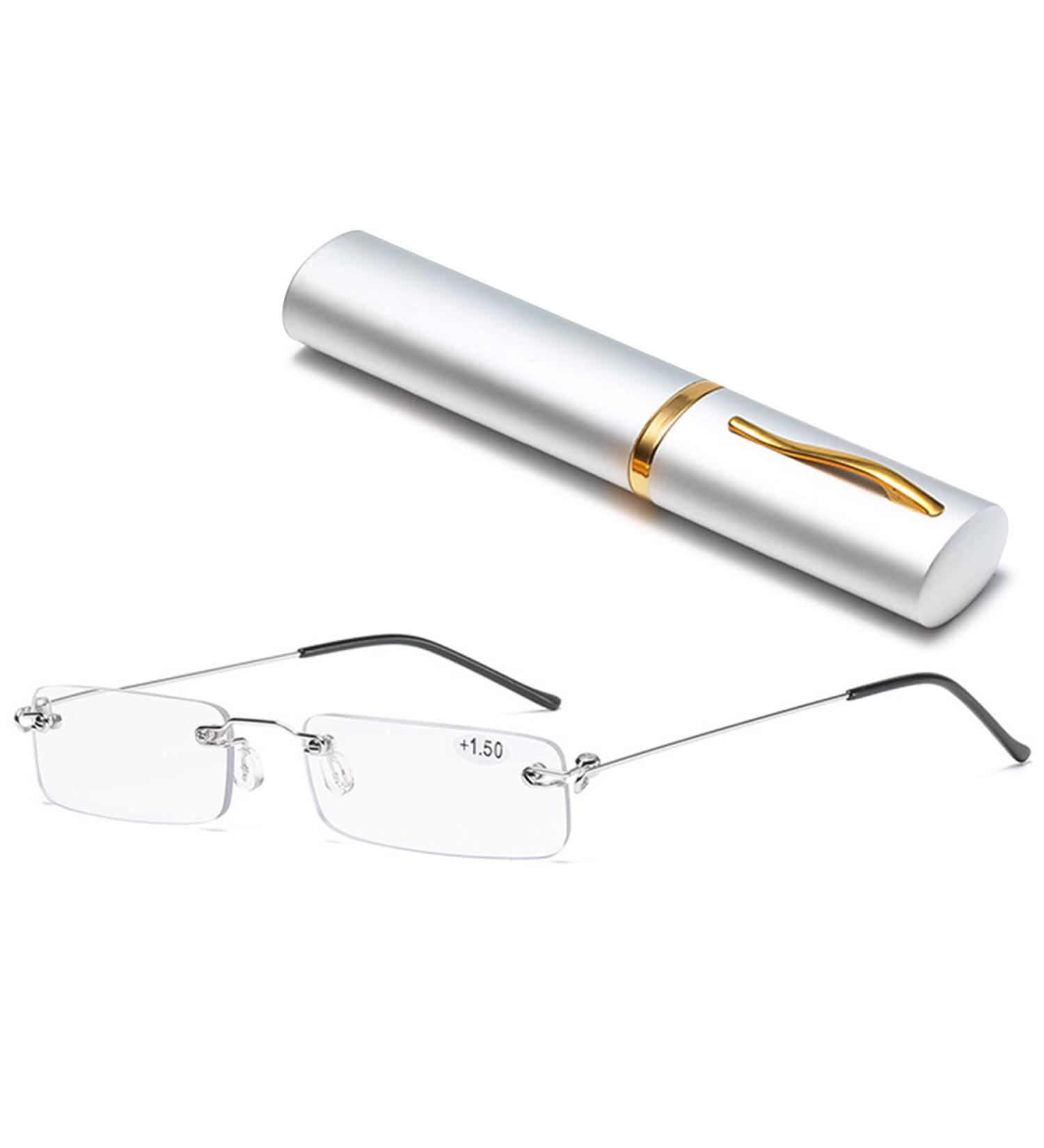 Shop Lanomi Mini Frameless Reading Glasses - Ultra-Light Blue Light Filter Narrow Fit Borderless Design Silver Metal Case 2.5x Magnification - Perfect for Women & Men - Buy Online on GoSupps.com
