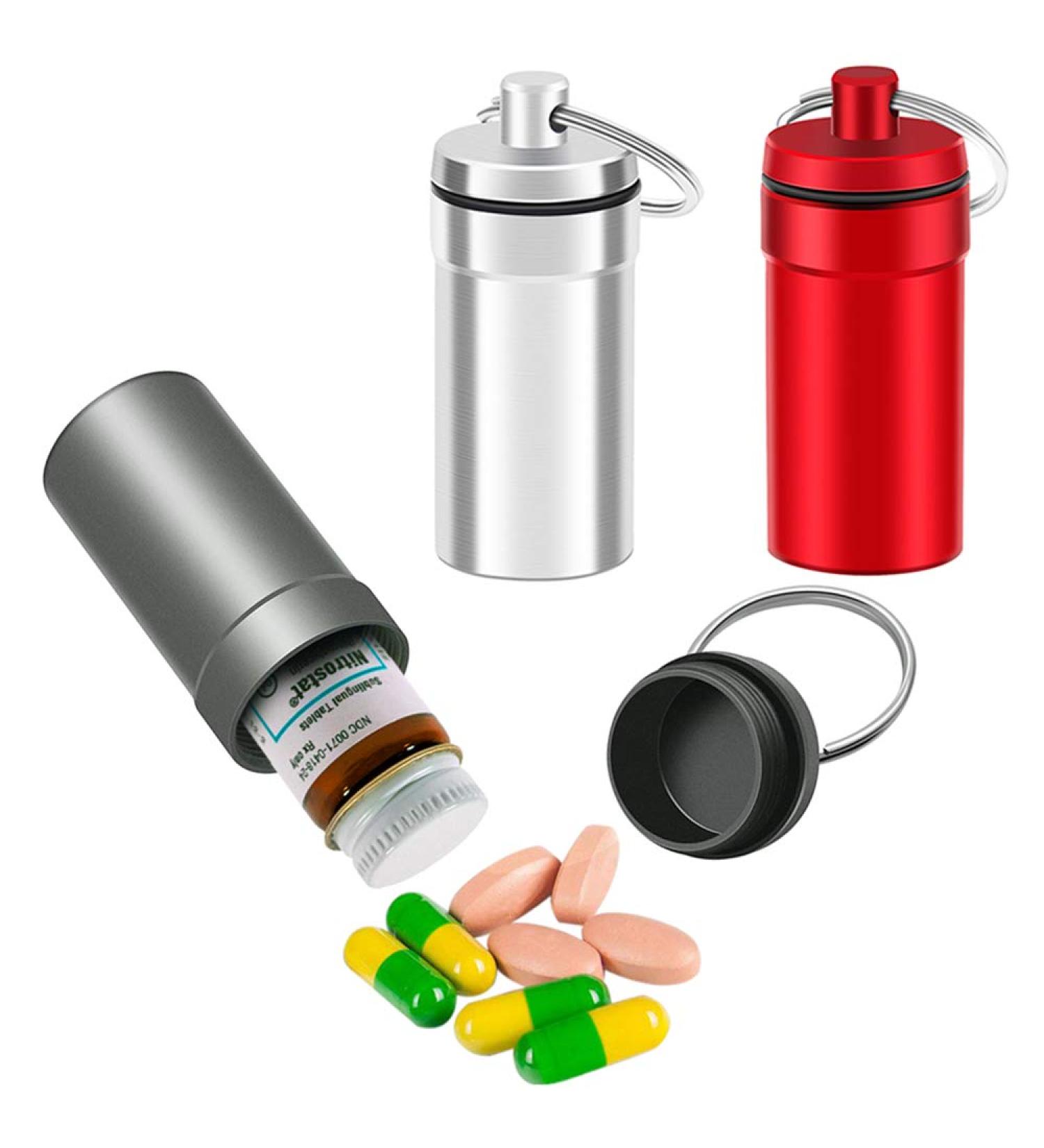 3 Pack Waterproof Aluminum Pill Fob Container | Nitro Bottle Holder & Emergency Keychain | Silver-Matt-Red - Buy Online on GoSupps.com