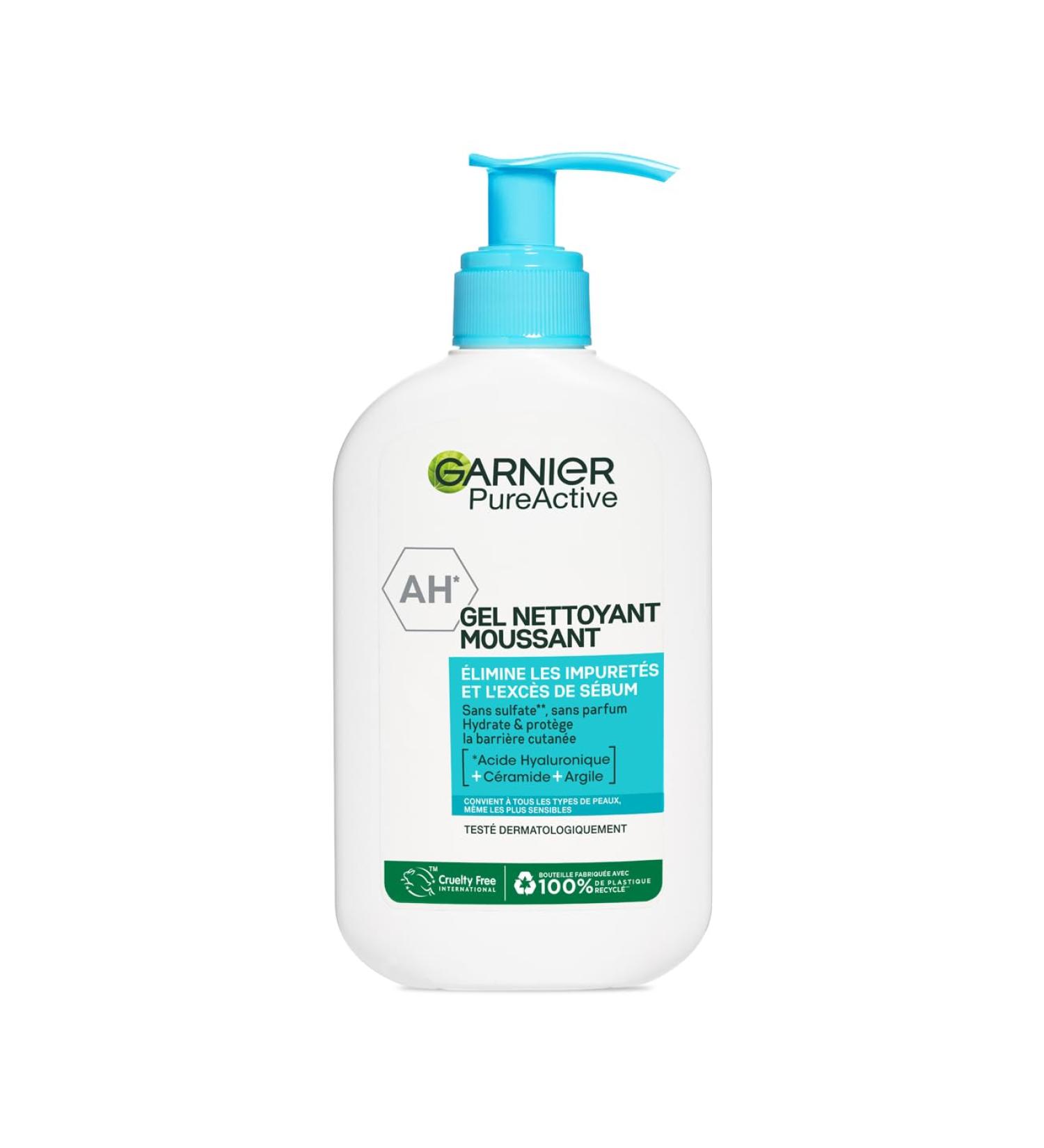 Garnier Pure Active - Foaming Cleansing Gel - Purifies Hydrates & Eliminates Impurities - Hyaluronic Acid Ceramide Clay - Vegan & Cruelty Free - All Skin Types - 250 ml - Buy Online on GoSupps.com