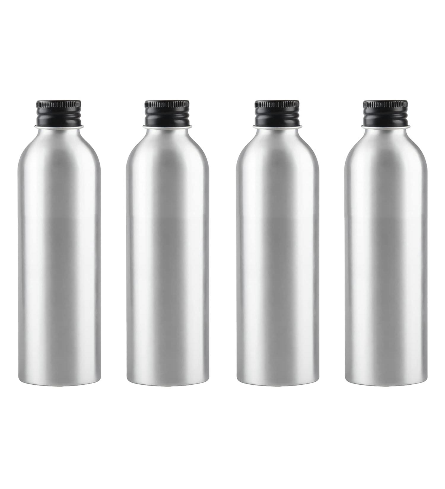 Zeoabsy 200ml Empty Round Silver Aluminum Bottles - 4 Pack with Black Screw Lids | Ideal for Cosmetics Essences & Oils | Travel & Hotel Use - Buy Online on GoSupps.com
