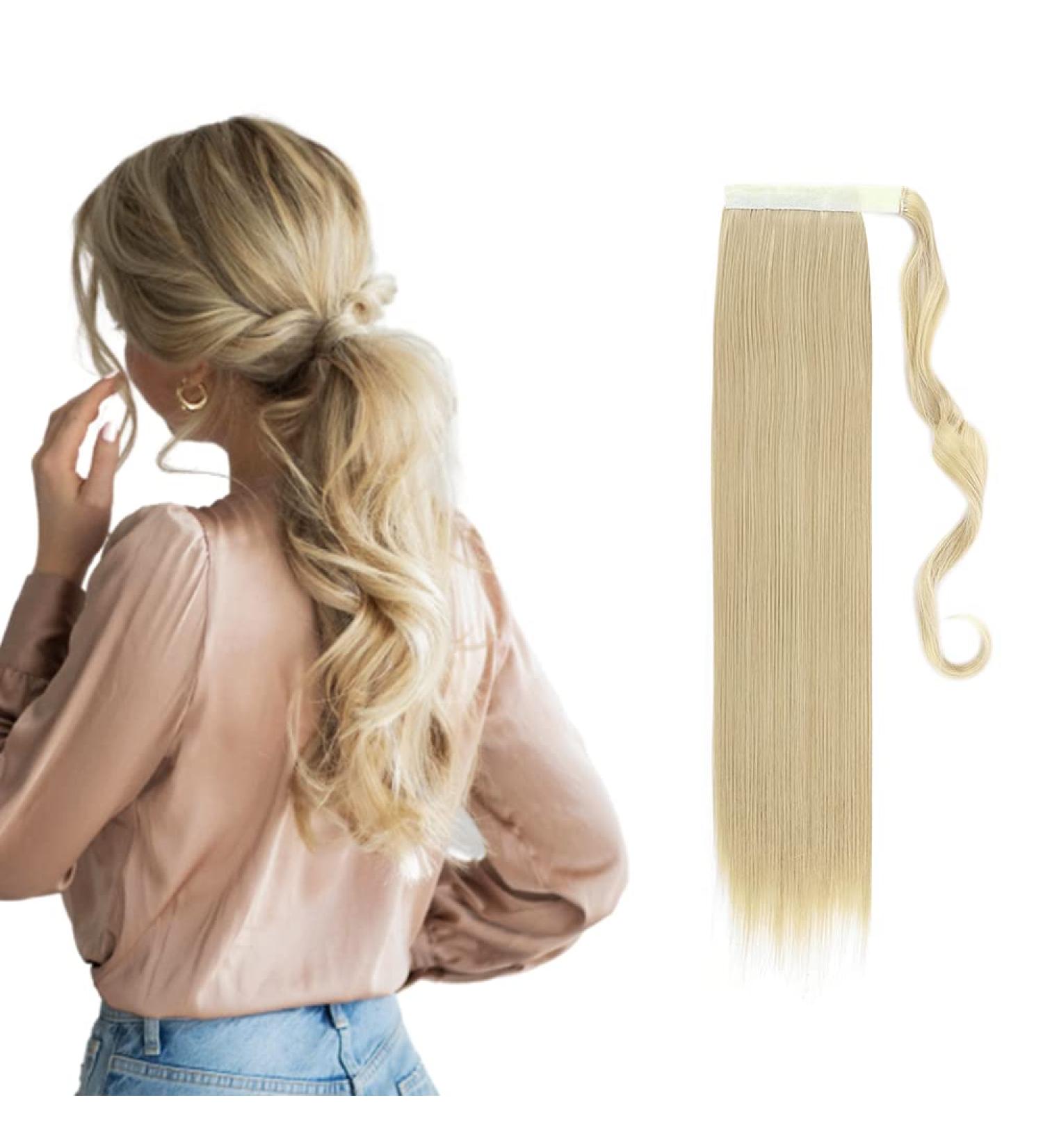 26" Long Straight Wrap Around Ponytail Clip in Hair Extensions One Piece Hairpiece Magic Tape in Pony Tail Extension for Women Ash Blonde mix Bleach Blonde - Buy Online on GoSupps.com