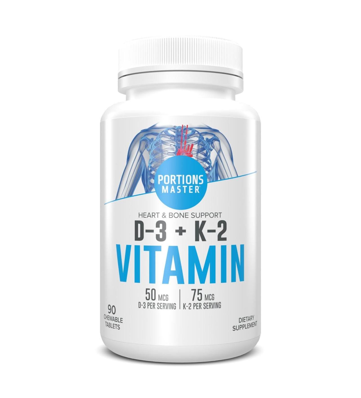 Portions Master Vitamin D3 + K2 Supplement, Bone and Heart Health Support, High Potency D3 5000 IU with Menaquinone MK-7, Non-GMO, Gluten-Free (60 Capsules) - Buy Online on GoSupps.com