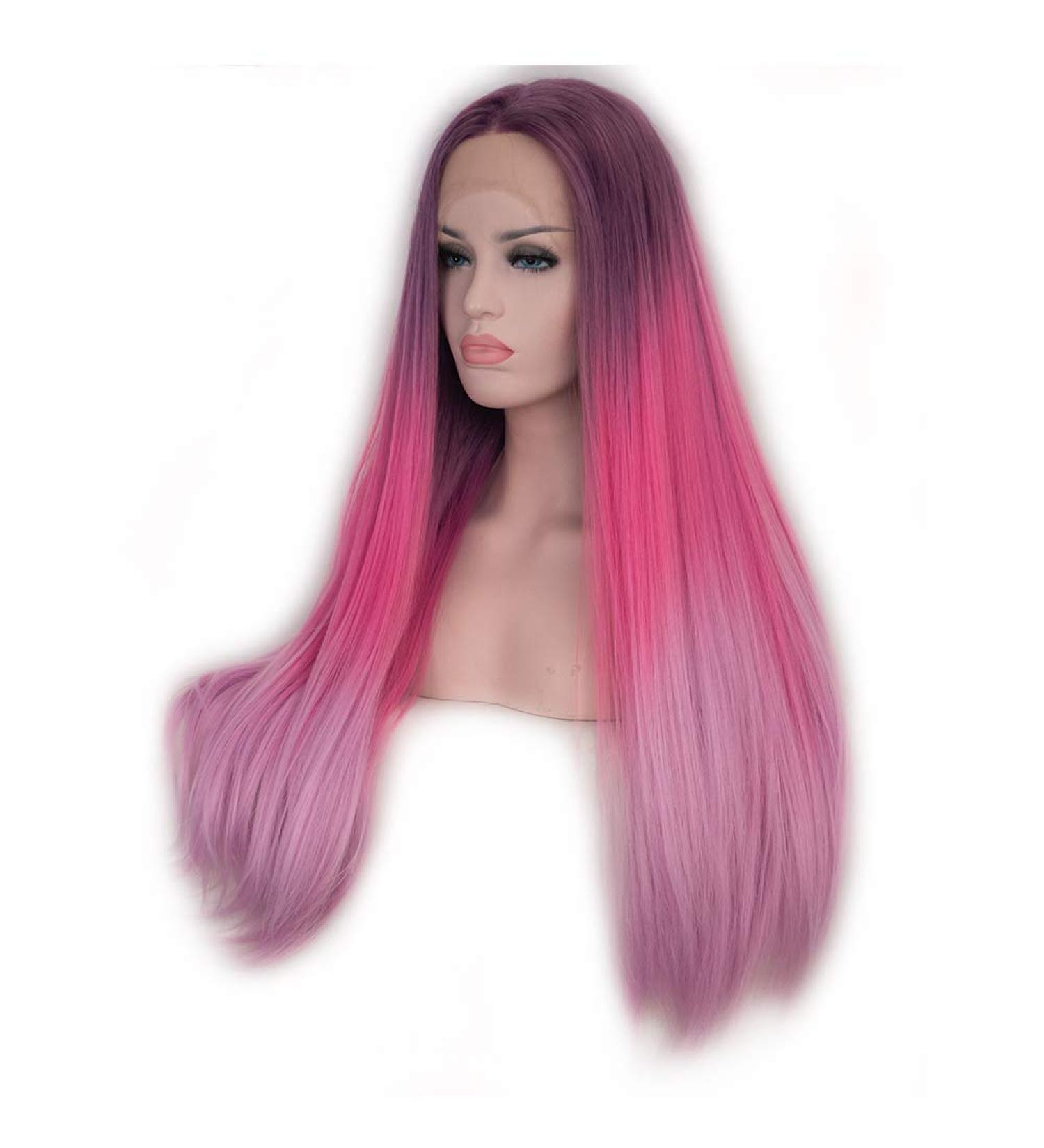 SHIYID Long Straight Pink Red Dark Roots Synthetic Lace Front Wig - Natural Hairline Wigs for Women | International Shipping - Buy Online on GoSupps.com