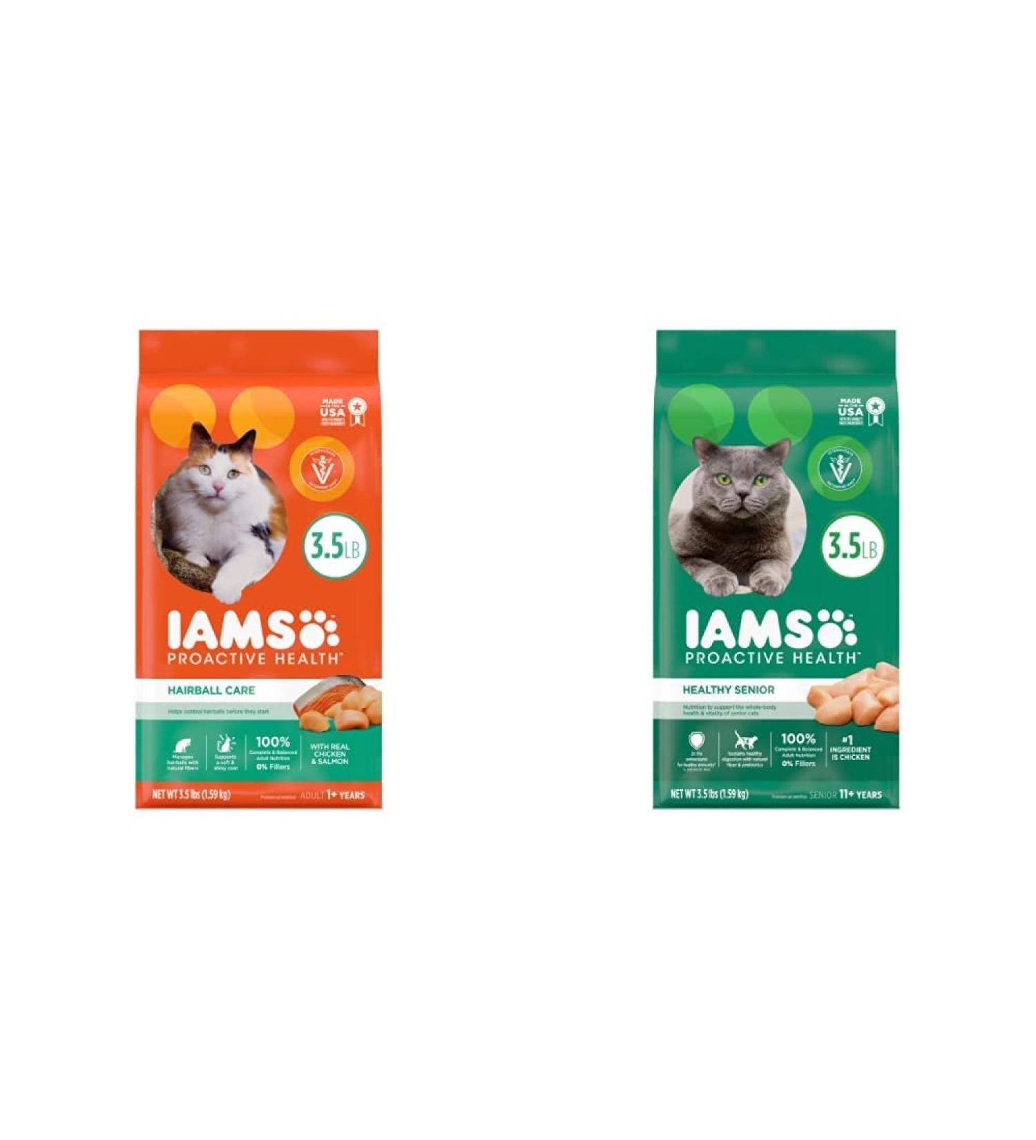 IAMS PROACTIVE HEALTH Dry Cat Food Adult Hairball Care + Healthy Senior Chicken and Salmon 3.18kg Bundle
