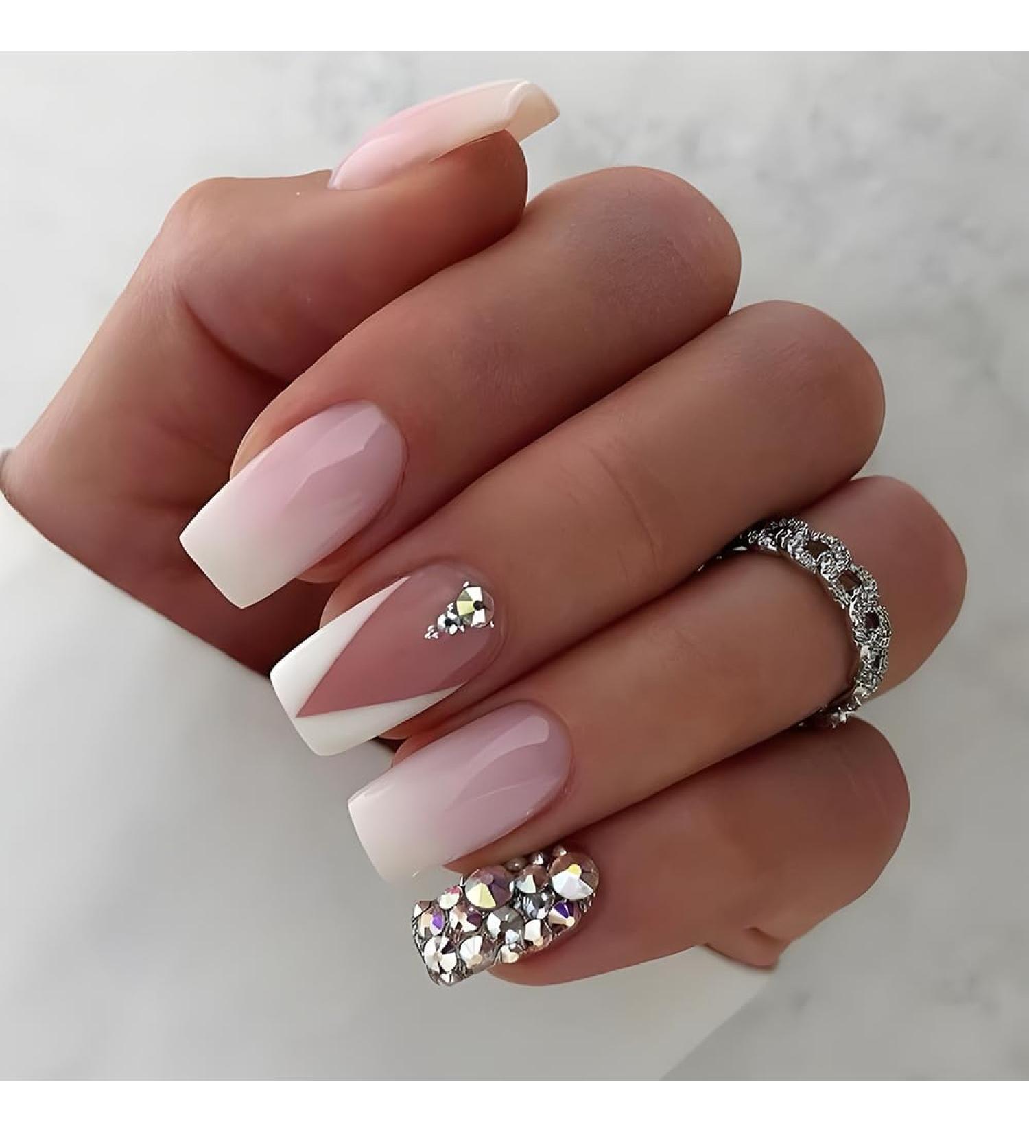 French Tip Press on Nails - Short Square Press On Nails with Nail Tips Pink white gradient silver glitter Rhinestones false nails press on nails Acrylic False Nails Cute Artificial Nails - Buy Online on GoSupps.com