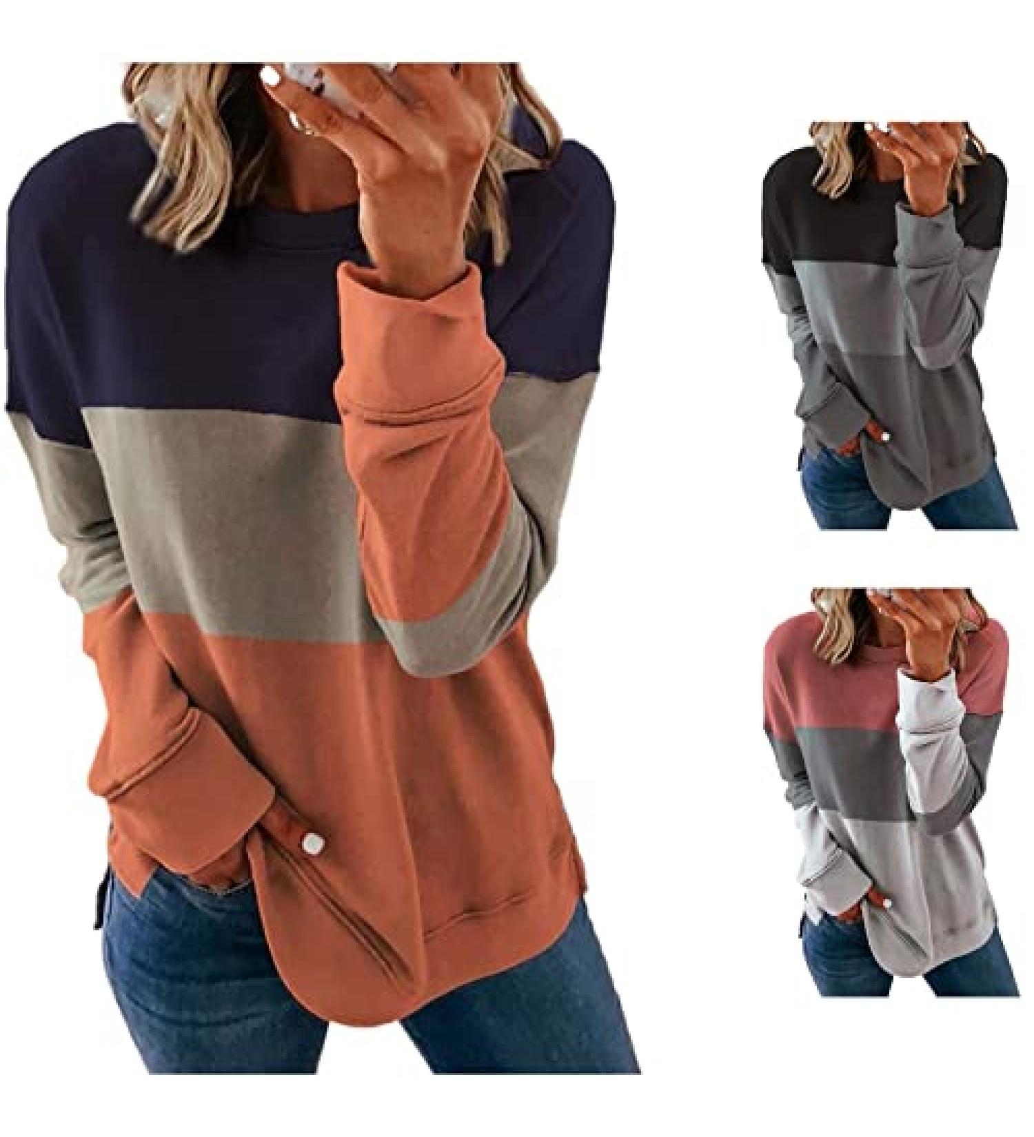 Angxiwan Women's Color Block Crewneck Sweatshirt #Orange - Large | Oversized Pullover Top - Buy Online on GoSupps.com