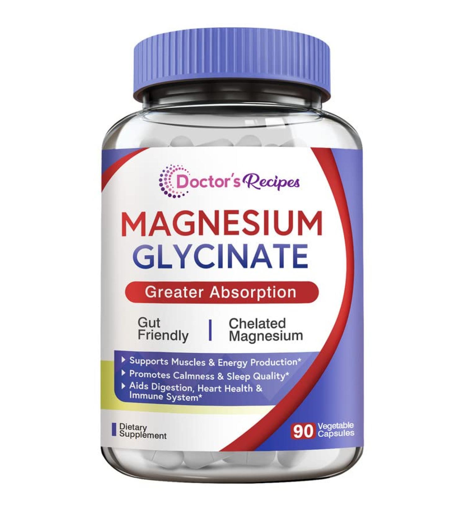 Doctor's Recipes Magnesium Glycinate 100mg | 90 Caps | Amino Acid Chelated | High Absorption | Easy on Stomach | Calm, Bone, Muscle, Heart, Energy, Nerve, Sleep Support | Gluten-Free - Buy Online on GoSupps.com