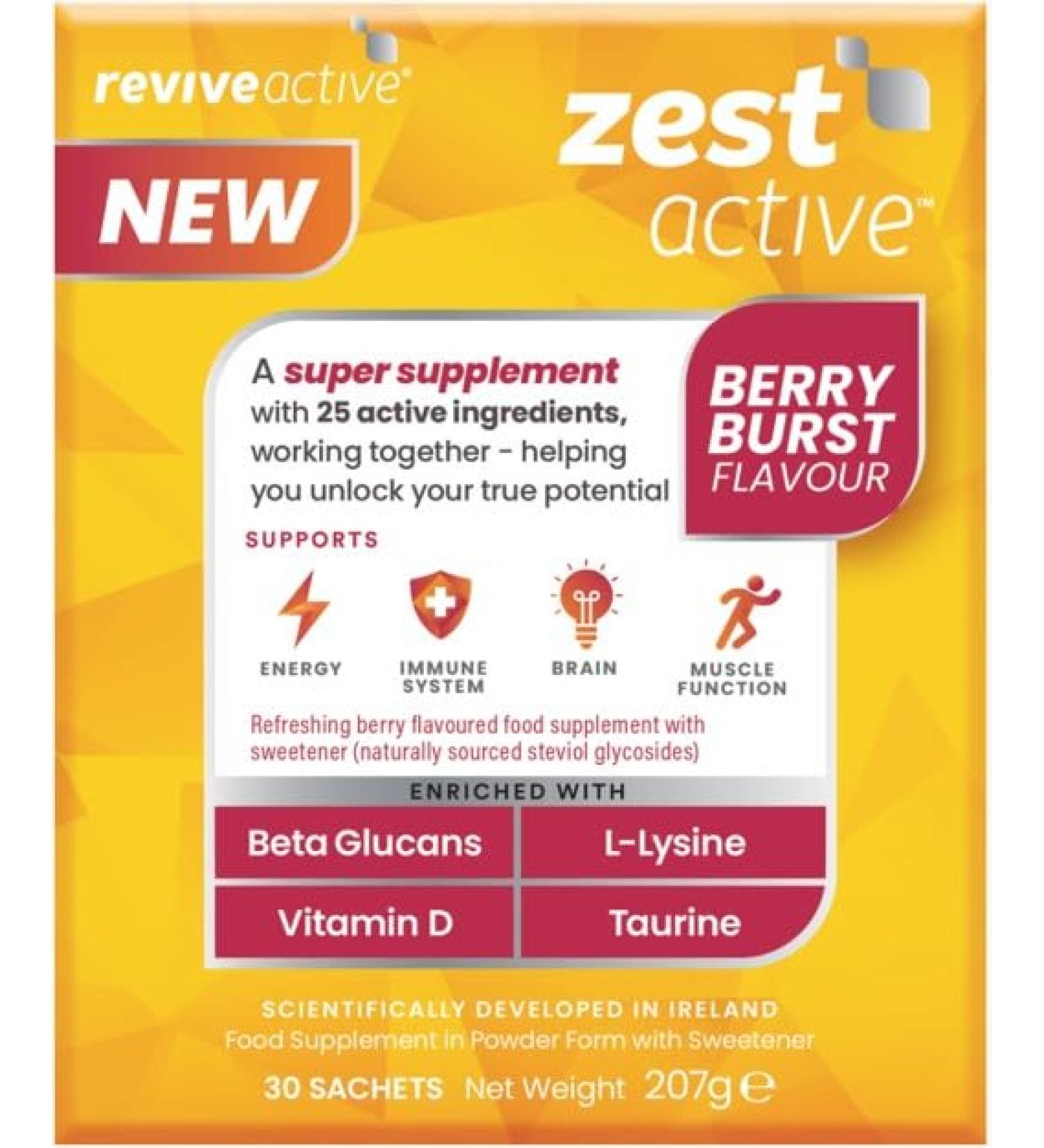 Zest Active Super Supplement by Revive Active - Advanced 25 Active Ingredients in One Daily Multivitamin Sachet - Daily Boost Supports Energy Immune System Brain & Muscle Function - 30 Day Supply Berry Burst