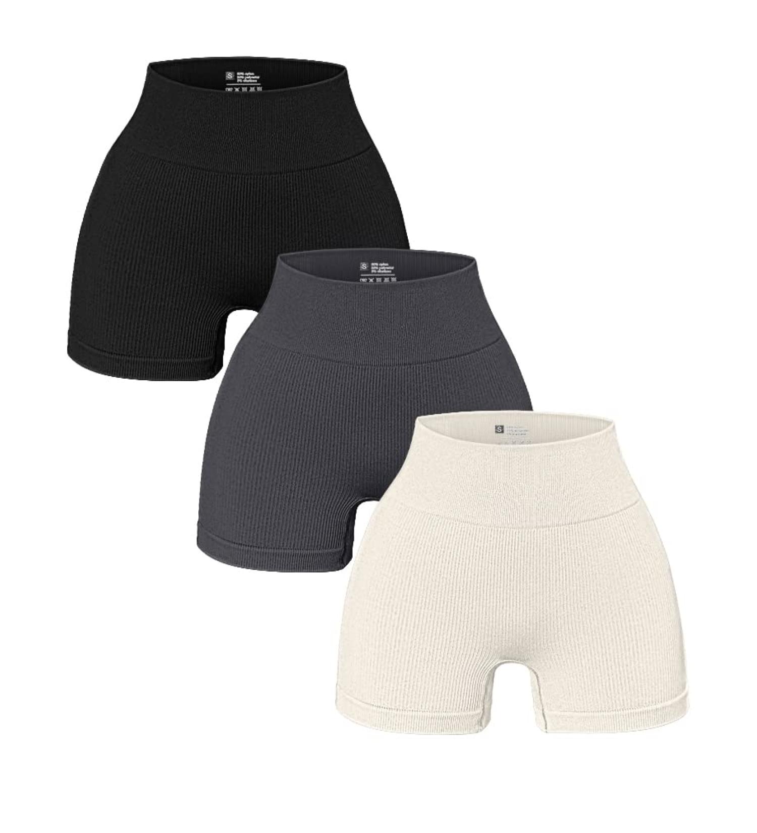 OQQ Women's Ribbed Seamless 3-Piece Yoga Shorts Set | High Waist Athletic Leggings | Black Grey Beige | Medium Size - Buy Online on GoSupps.com