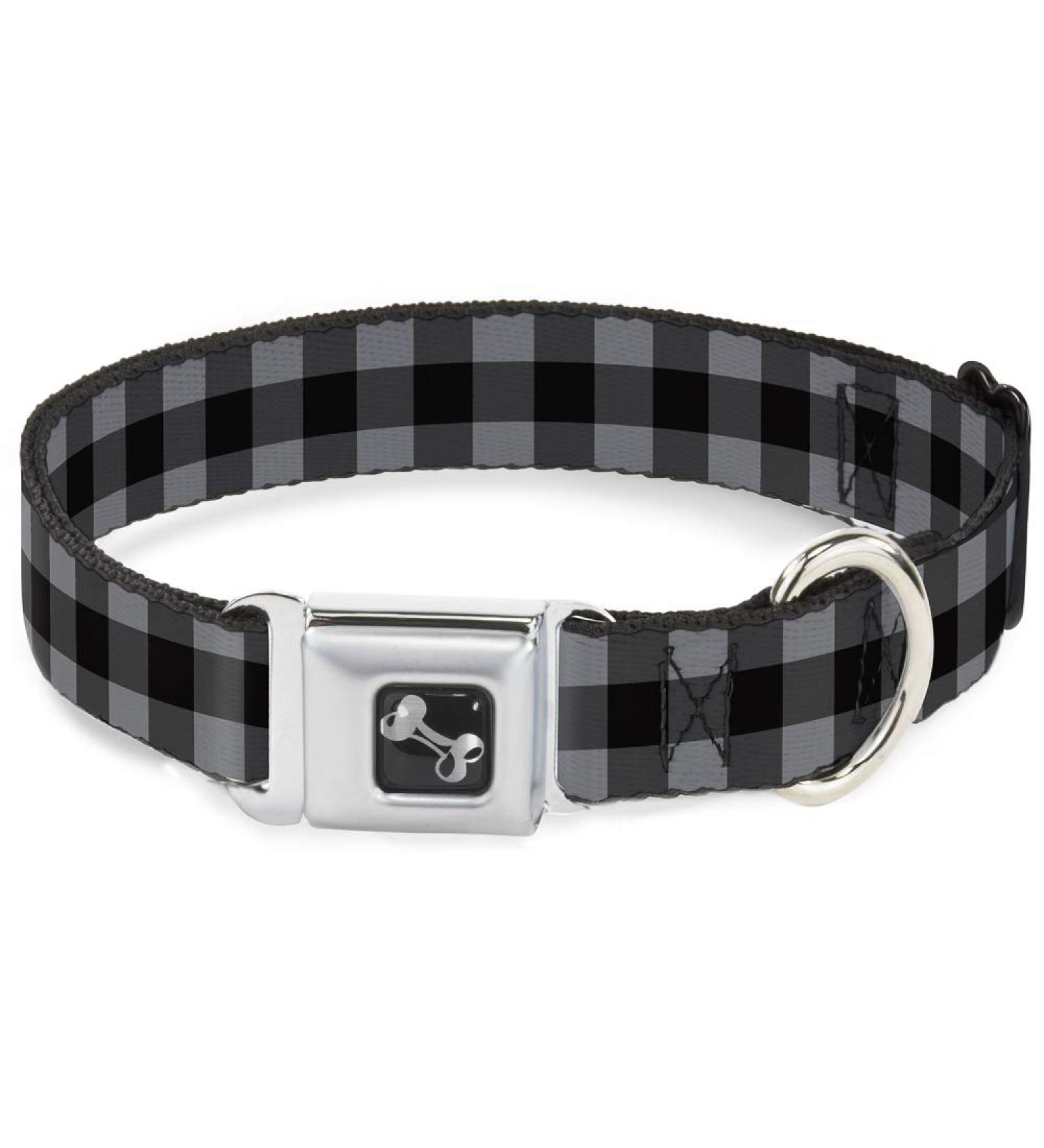 Buffalo Plaid Dog Collar Seatbelt Buckle in Black/Gray | Size L 15-26 Inches | 1.0 Wide - Buy Online on GoSupps.com