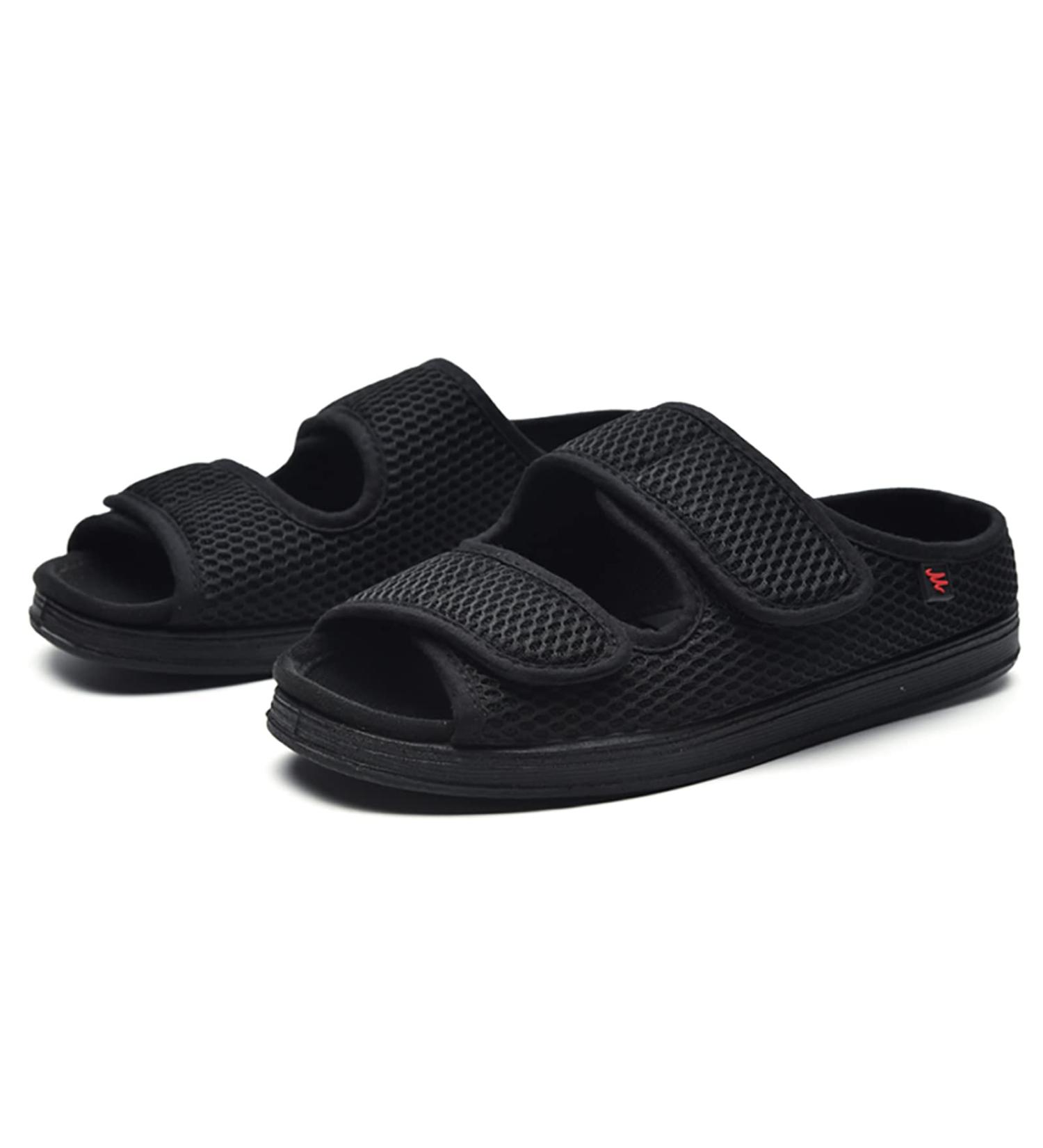 ZJING Diabetic Open Toe Slippers for Men - Extra Wide Width, Adjustable Edema Shoes - Black, Size 9.5 - Buy Online on GoSupps.com