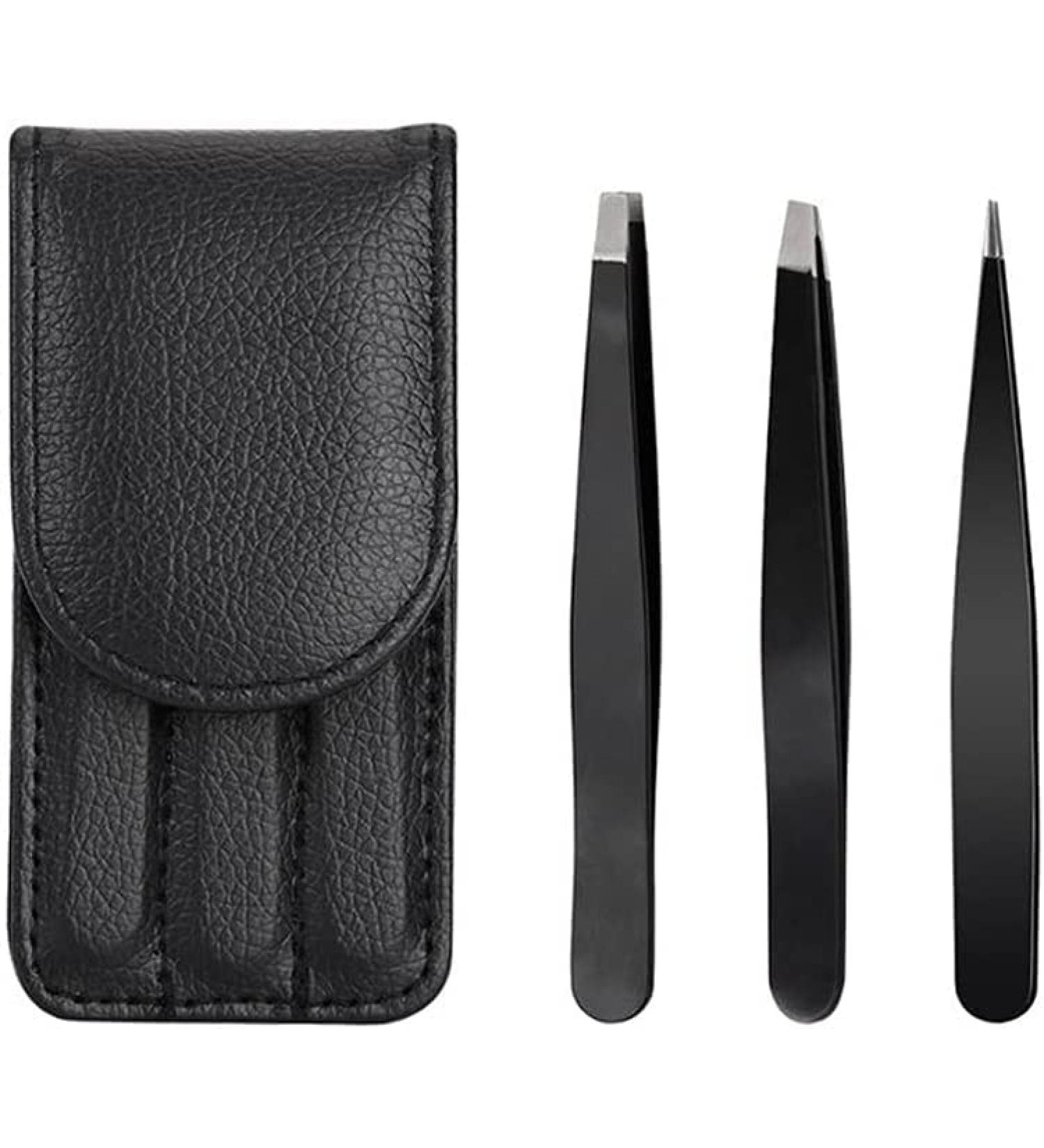 3pcs Stainless Steel Precision Eyebrow Tweezers Set with Storage Bag - Perfect for Plucking, Ingrown Hair and Facial Hair Removal - Buy Online on GoSupps.com