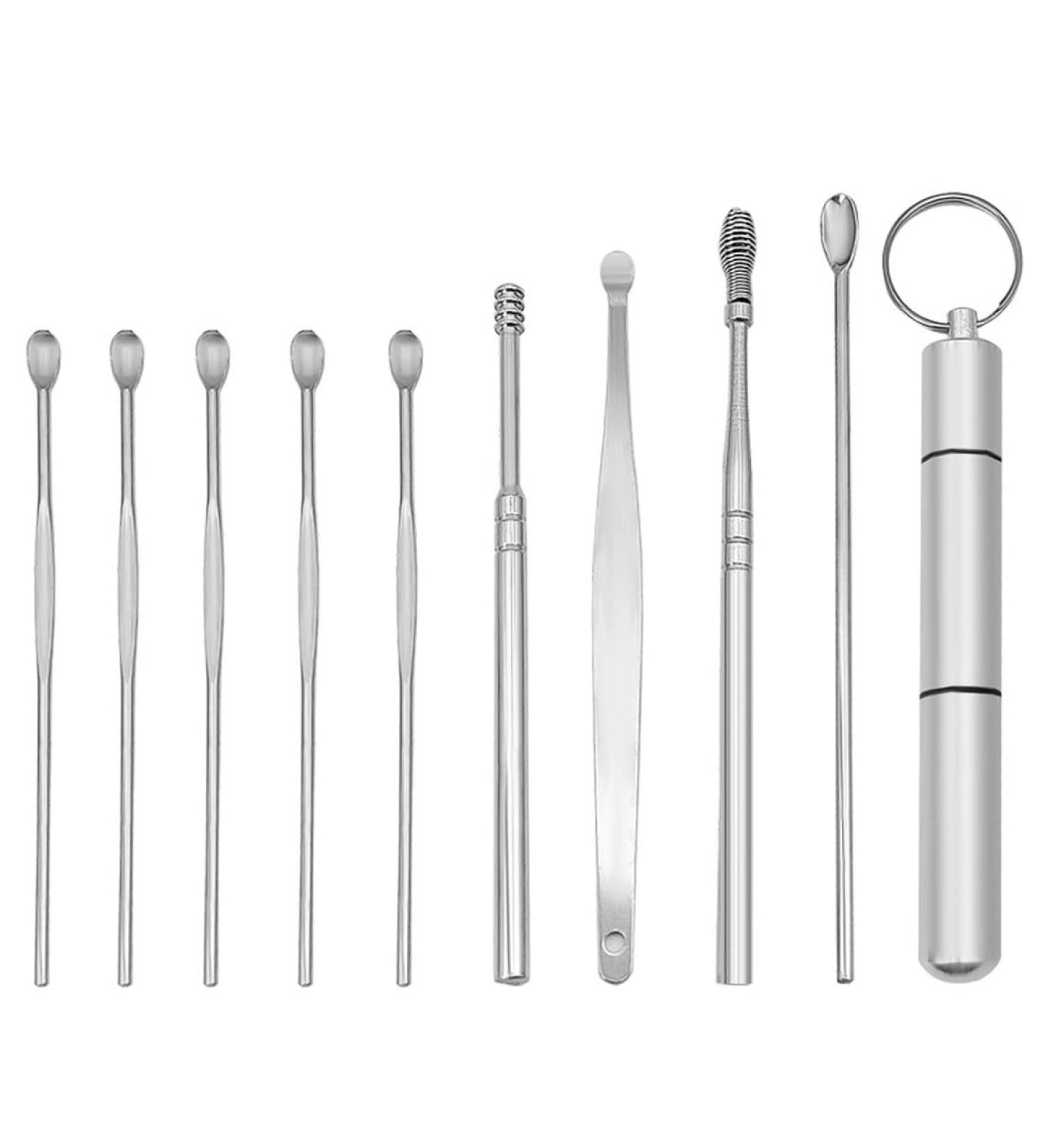Nipogear 9 pcs Ear Cleaning Tool Stainless Steel Double-Ended Ear Spoon Spiral Ear Spoon Ear Wax Removal Kit Ear Cleaning Tool Set. (Silver)