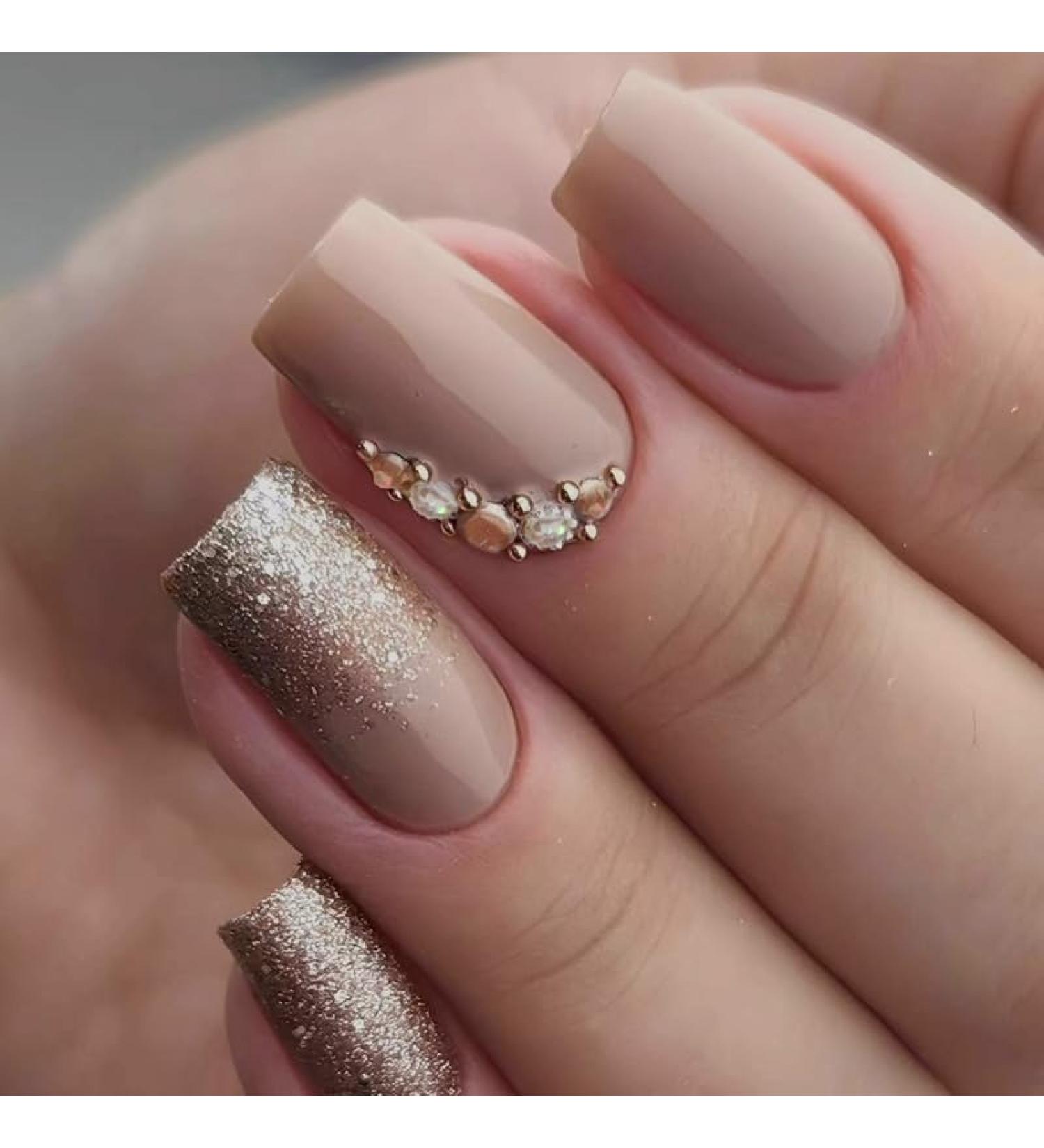 Mouyouglow Press On Nails - Square Dark Nude Gold Glitter Rhinestones | T11 Artificial Fingernails with Nail Glue - International Shipping Available - Buy Online on GoSupps.com