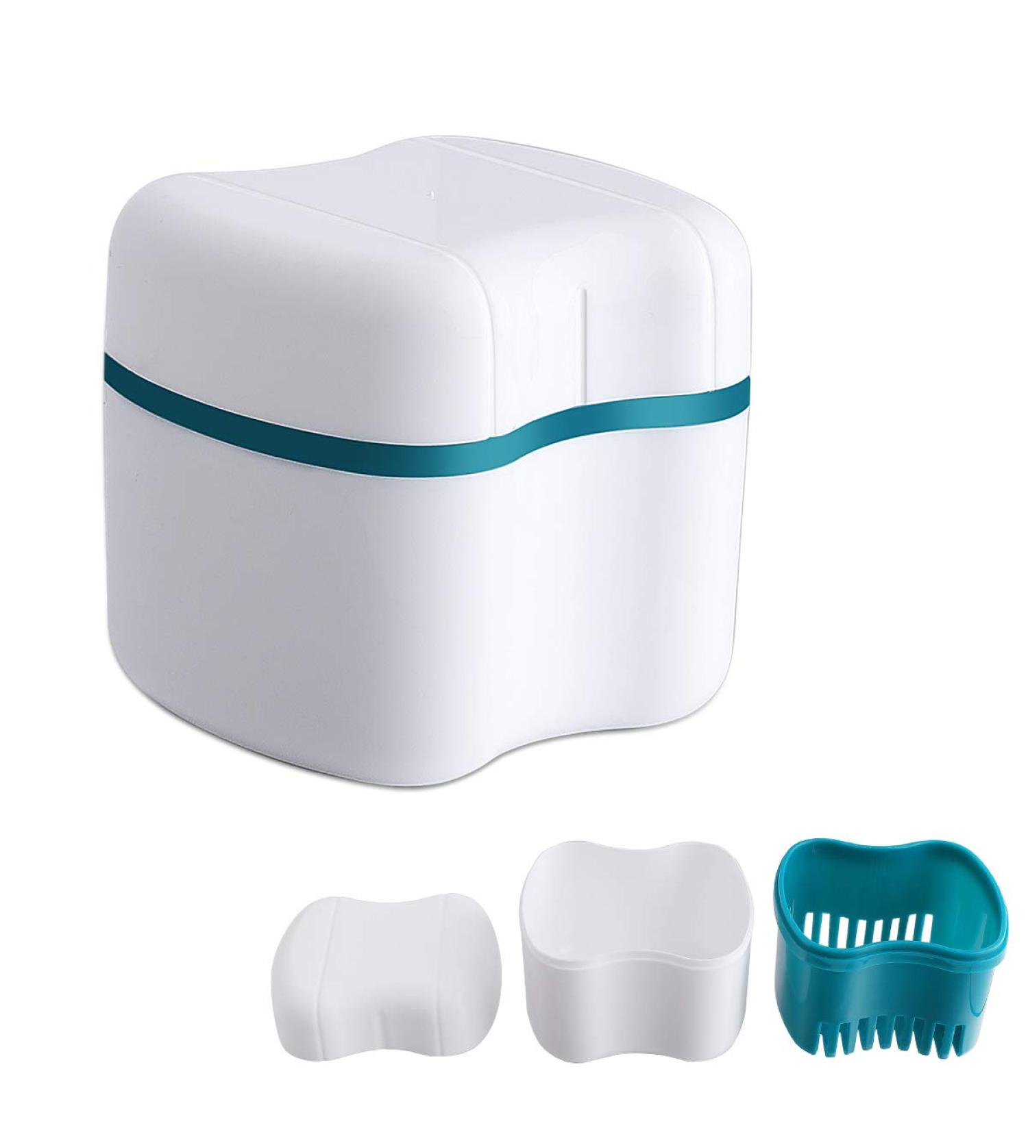 Denture Bath Case with Basket - Denture Cleaning Box and Soaking Cup for False Teeth - Retainer Holder and Cleaner Container (B) - Buy Online on GoSupps.com