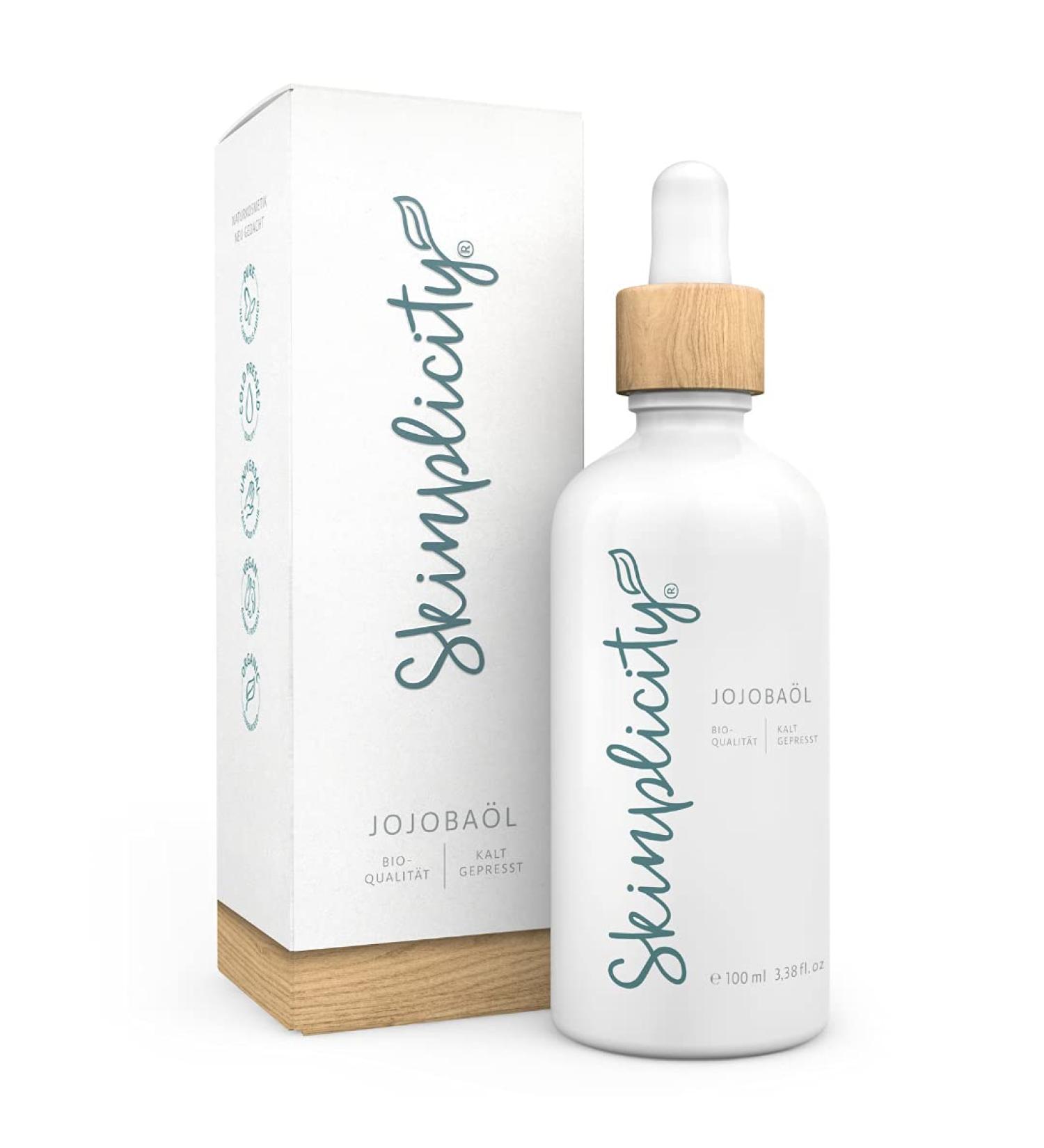 Skinplicity Organic Jojoba Oil | Natural Vegan Skin & Hair Care | Cold Pressed Cruelty-Free Ideal for Dry Skin & Damaged Hair - Buy Online on GoSupps.com