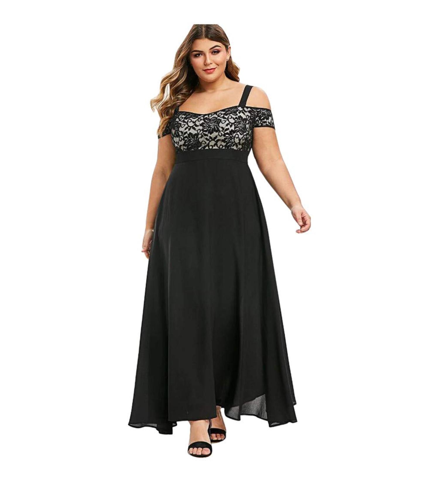 Plus Size Floral Long Dress for Women Cold Shoulder Lace Embroidery Elegant Party Evening Short Sleeve Dresses XX-Large black - Buy Online on GoSupps.com