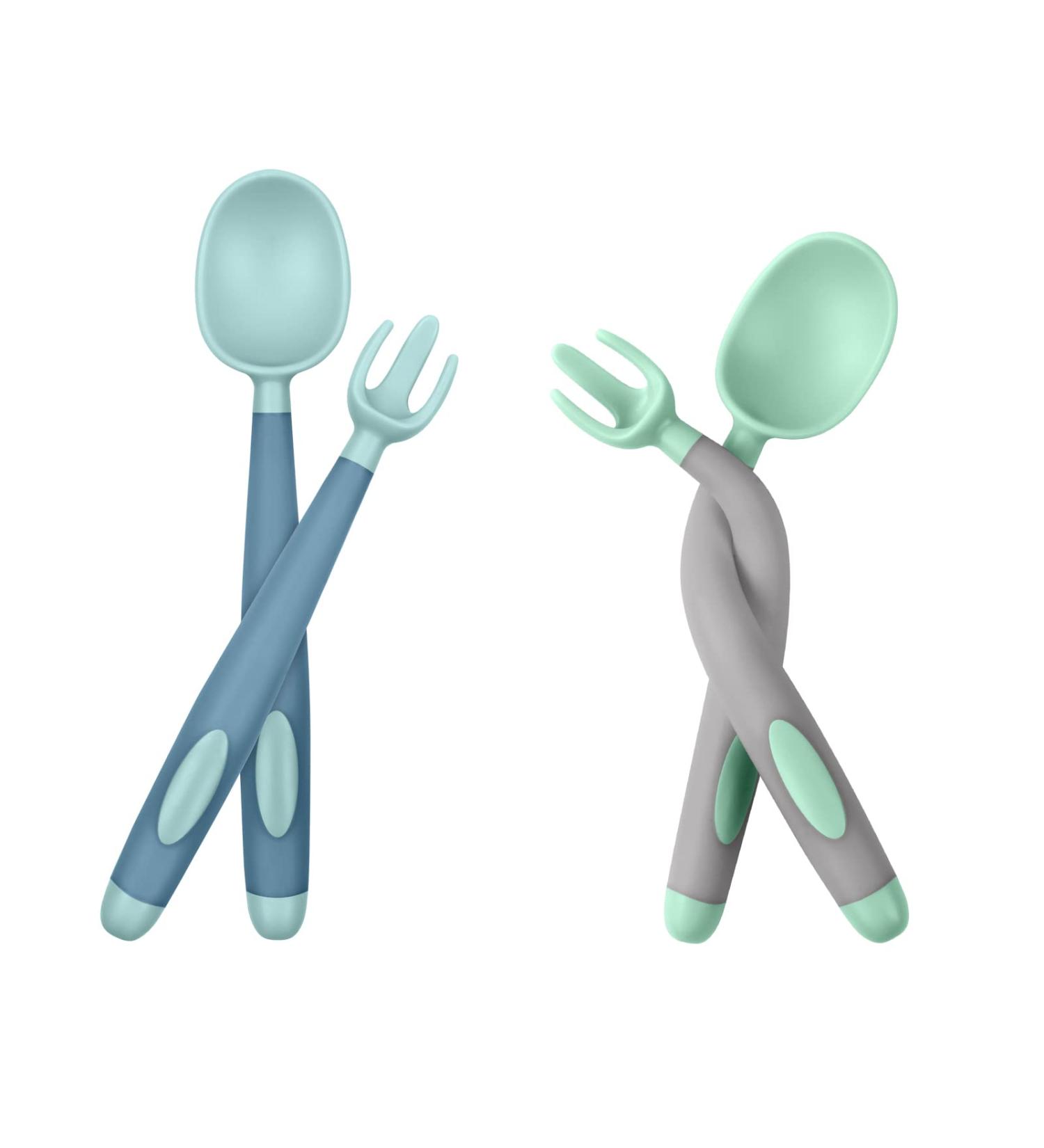 Vicloon Baby Utensils Spoon Fork Set - 4pcs Toddler Cutlery Feeding Set | Easy Grip Bendable Self Feeding Spoon Fork | Light Green-Blue Color - Buy Online on GoSupps.com