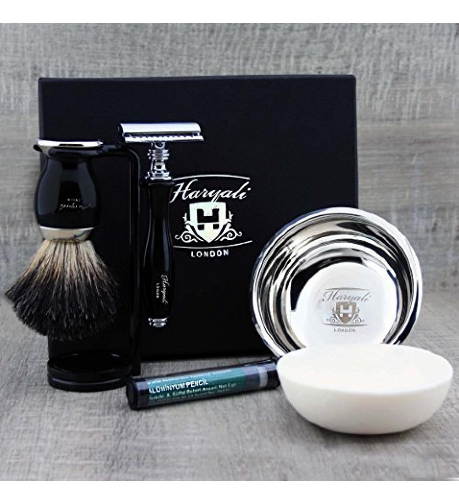 Classic Men's Shaving Set | Pure Black Badger Brush DE Safety Razor Stand Bowl & Soap | International Shipping Available - Buy Online on GoSupps.com