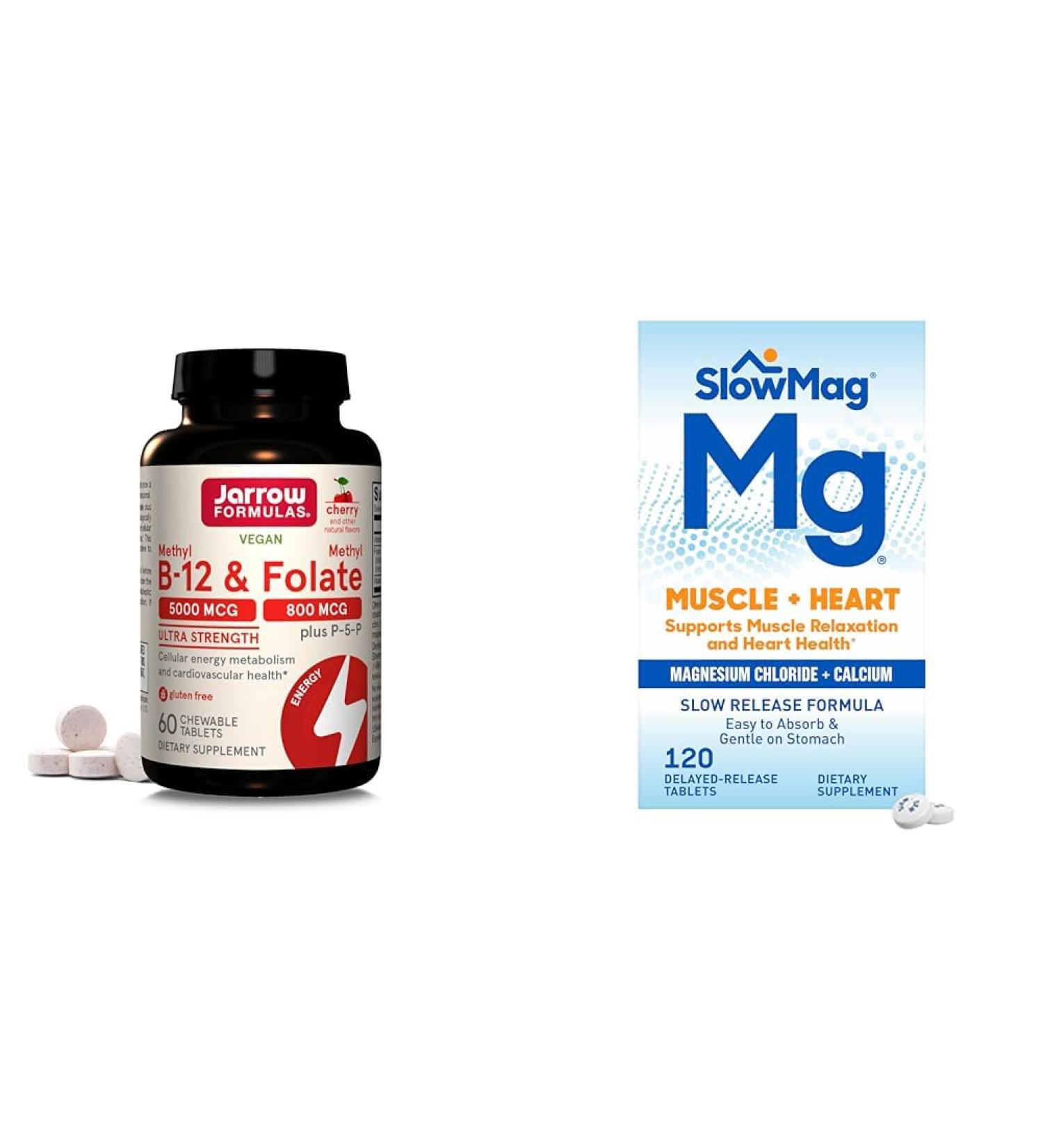 Jarrow Formulas Ultra Strength Methyl B-12 5000 mcg & Methyl Folate 800 mcg + P-5-P & SlowMag Muscle + Heart Magnesium Chloride with Calcium Supplement to Support Muscle Relaxation - Buy Online on GoSupps.com
