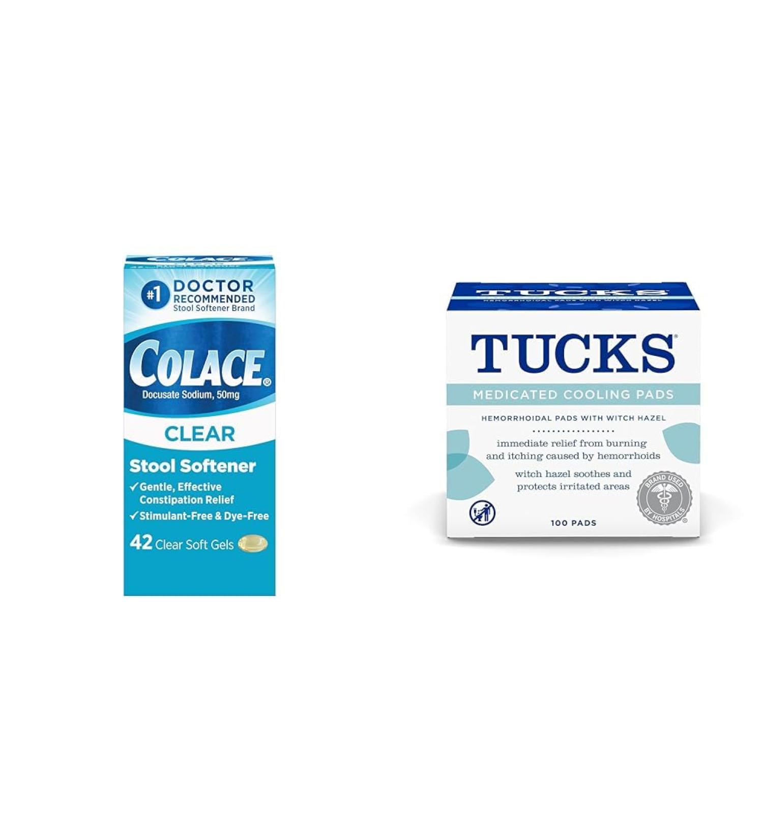 Colace Clear Stool Softener Soft Gel Capsules Constipation Relief 50mg 42ct & Tucks Medicated Cooling Pads Hemorrhoid Treatment 100 Count 42 Count Stool Softener + Medicated Cooling Pads - Buy Online on GoSupps.com