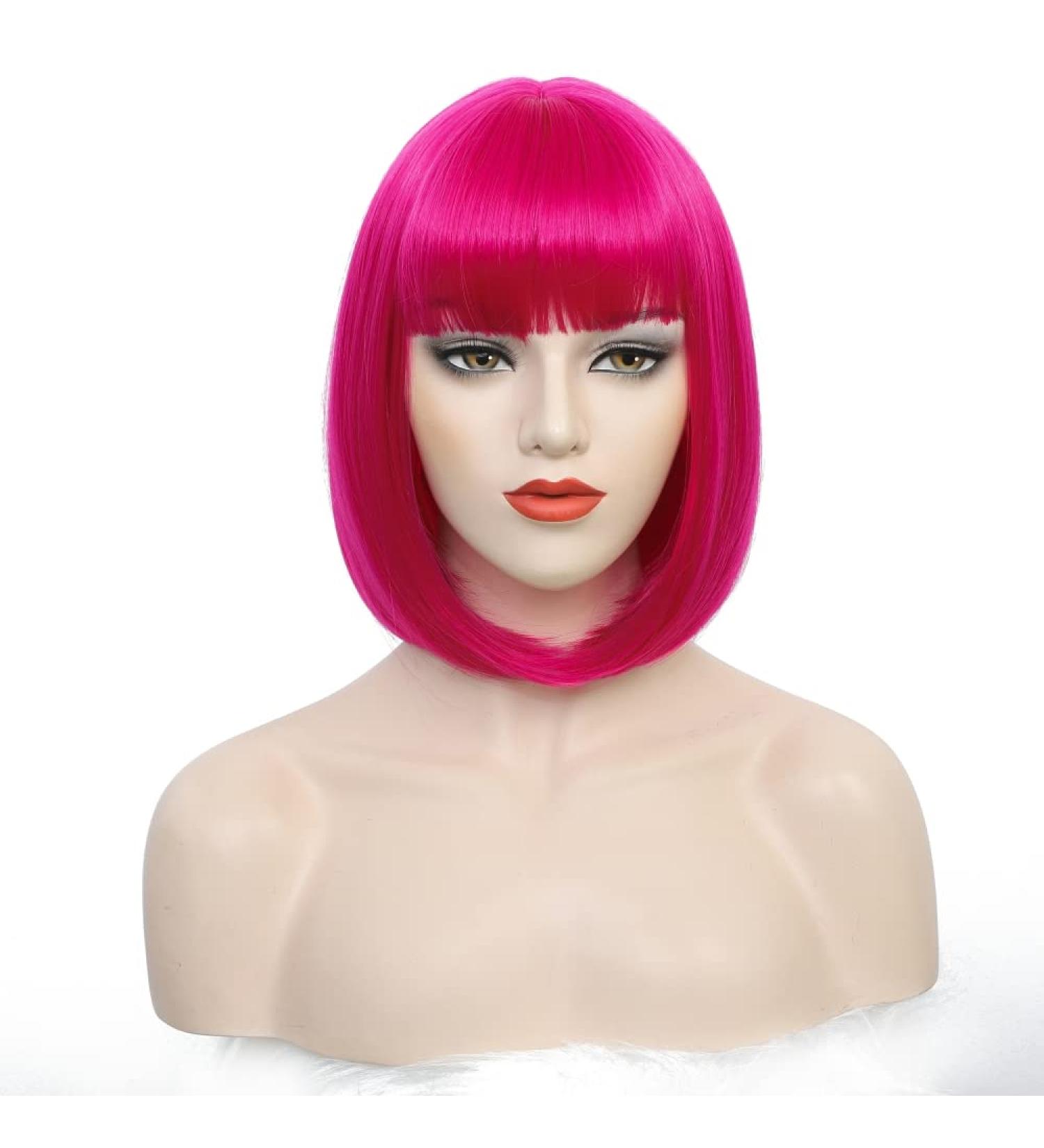 SHINYSHOW 12 Inch Hot Pink Bob Wig with Bangs - Straight Synthetic Hair Cosplay & Daily Party Wig for Women - International Shipping Available - Buy Online on GoSupps.com