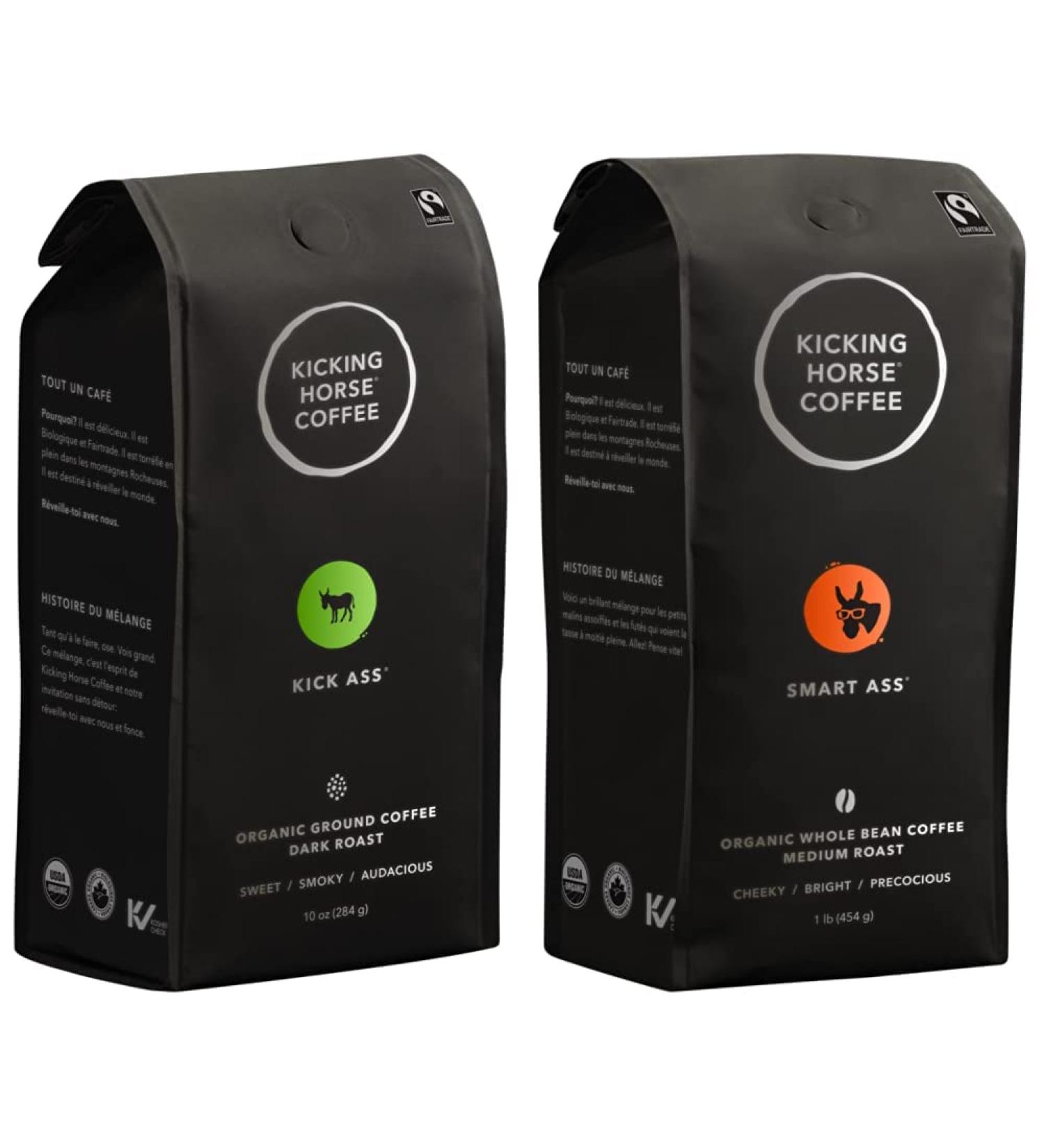 Kicking Horse Coffee Kick Ass Dark Roast Ground 284 g - Certified Organic Fairtrade Kosher Coffee & Kicking Horse Coffee Smart Ass Medium Roast Whole Bean