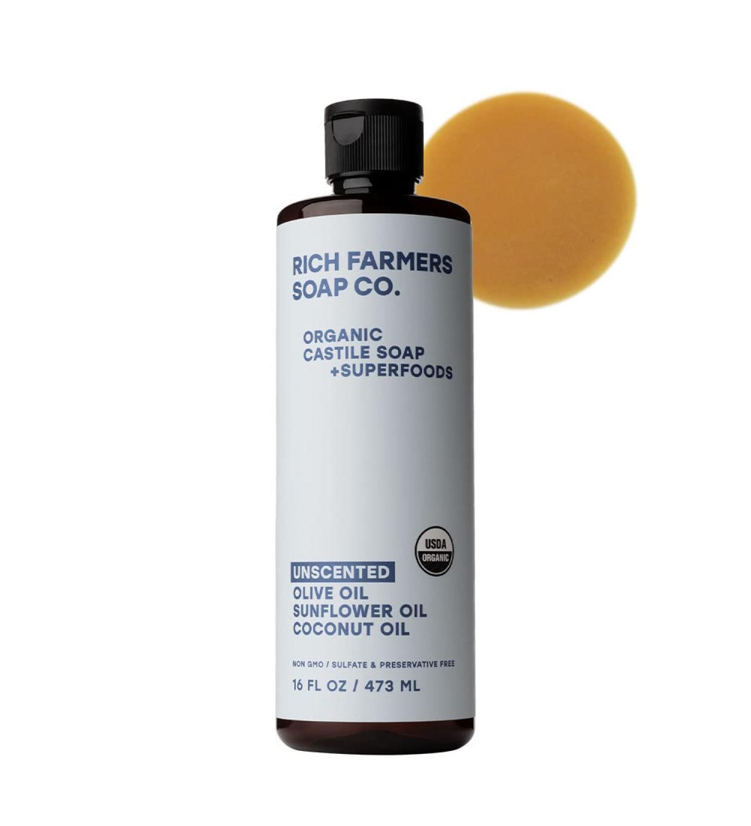RICH FARMERS Organic Liquid Castile Soap Unscented - 16 oz - Sunflower, Olive, Coconut Oils - Buy Online on GoSupps.com