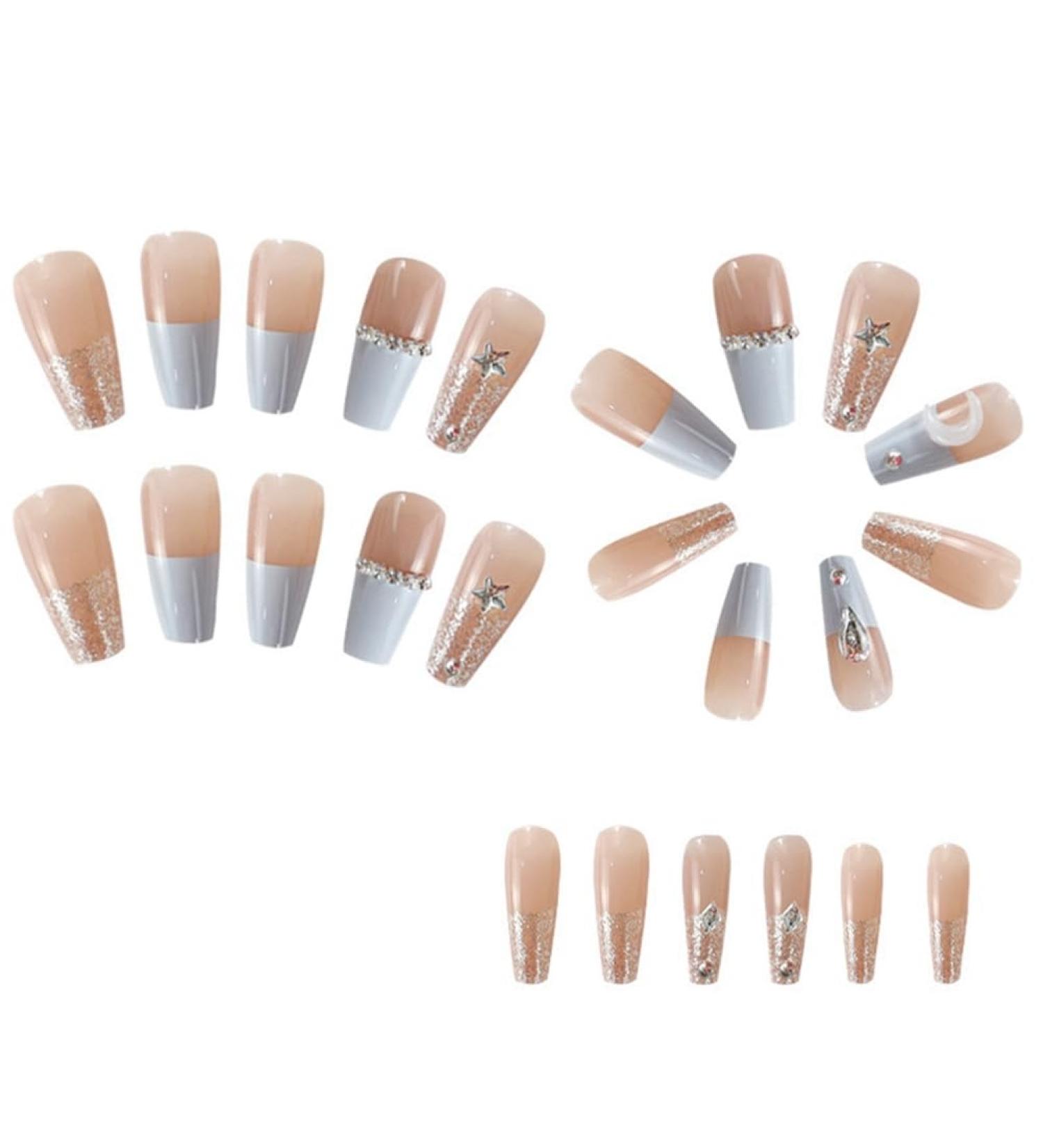 Runioney 1Set Star Moon Color Blocking Wearable Nail Sea Salt Macaron Color Clear Diamond Model - Buy Online on GoSupps.com