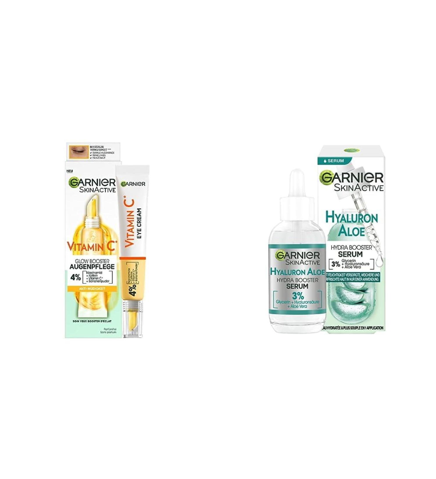 Garnier Vitamin C Anti-Tired Eye Cream & Moisturizing Serum Bundle - Radiant Skin Aloe Vera & Hyaluronic Acid 30ml - Buy Online on GoSupps.com