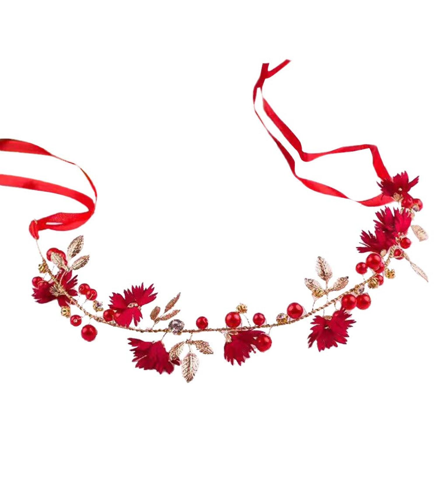 Amosfun Elegant Red Flower Wedding Bridal Headband - Handmade Crystal Ribbon Headdress for Bride Bridesmaid - Buy Online on GoSupps.com