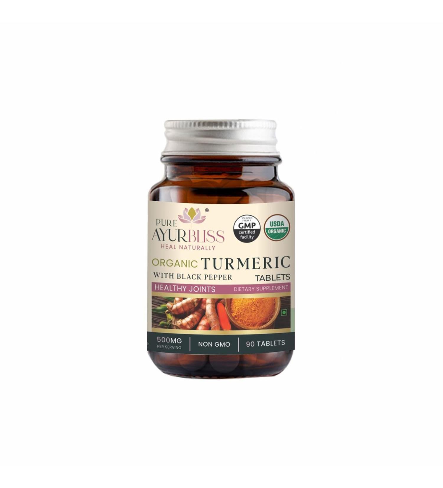PureAyurbliss Organic Turmeric Tablets with Black Pepper Botanical Blend for Daily Balance and Vitality with Curcumin for Joint Health Immune Support & Gut Health Ayurvedic Wellness Formula - Buy Online on GoSupps.com