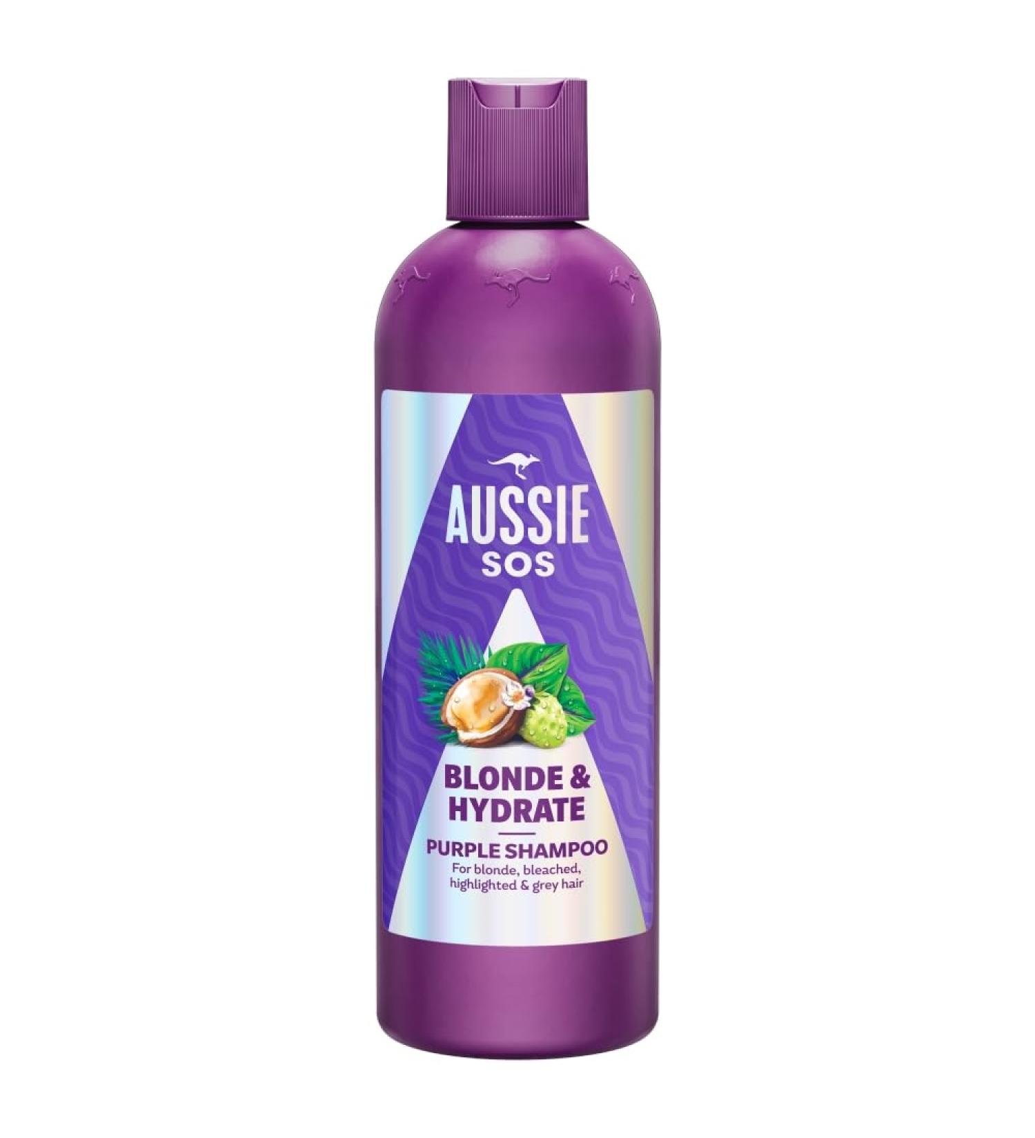 Aussie Aussie SOS Blonde & Hydrate Violet Shampoo 300 ml for bleached hair with highlights and white hair neutralises copper and yellow tones of blonde hair with highlights and white hair.