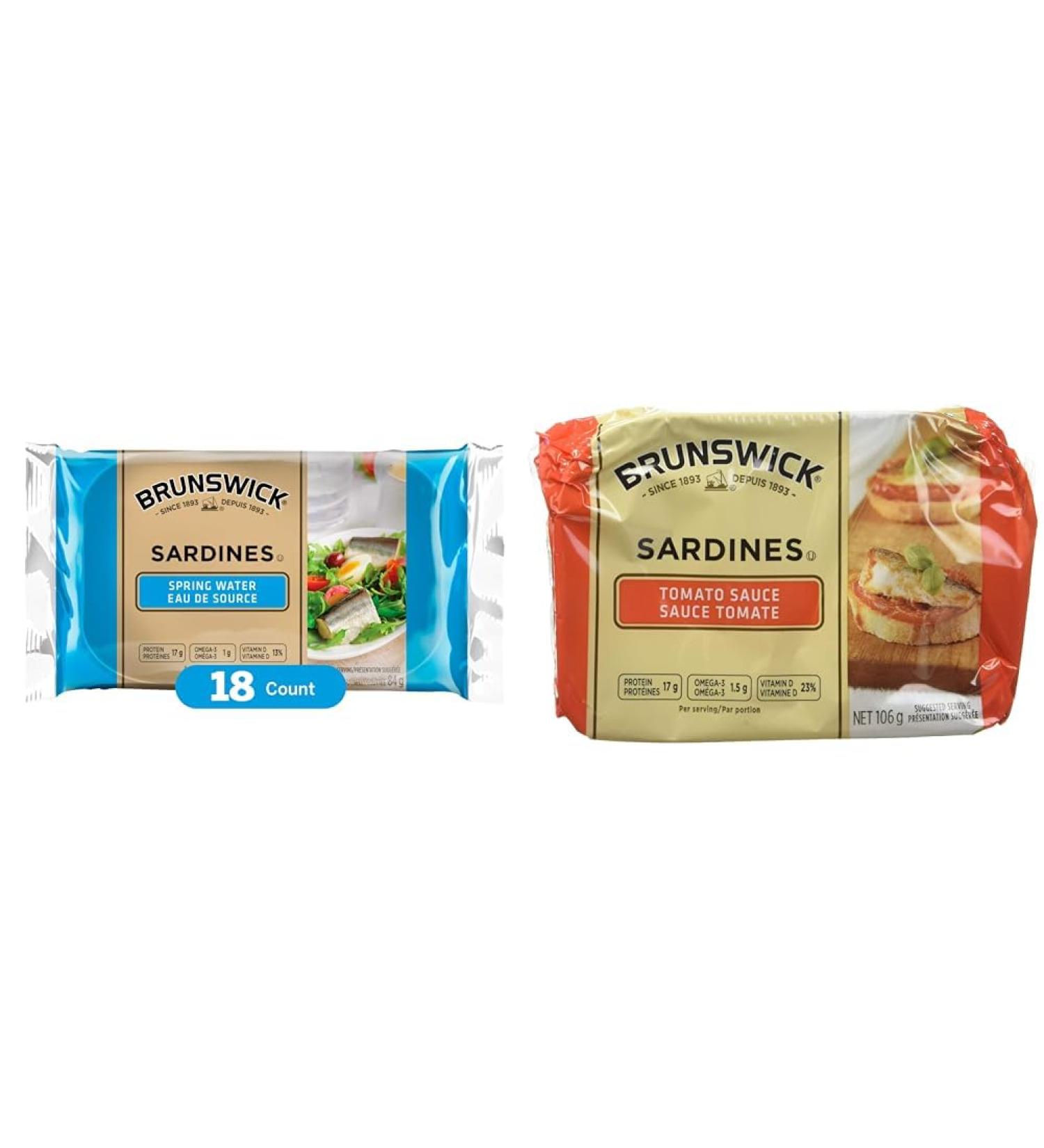 Brunswick Sardines In Spring Water - 106g 18 Count - Canned Sardines & Sardines in Tomato Sauce - 106g 18 Count - Canned Sardines Canned Sardines+Sardines in Tomato Sauce