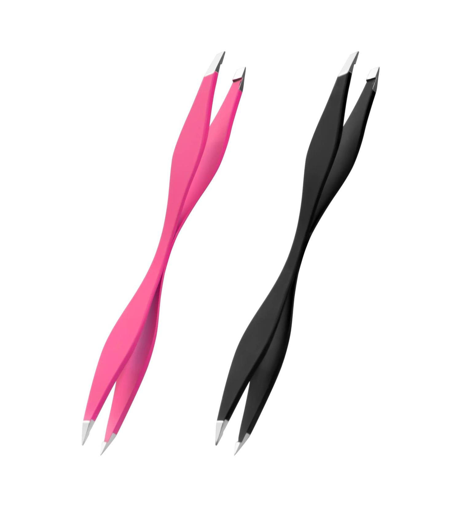 NUOMI 2 Pack Stainless Steel Eyebrow Tweezers with Slant/Pointed Tips - Pink and Black - Makeup Tools for Facial Hair Removal - Buy Online on GoSupps.com