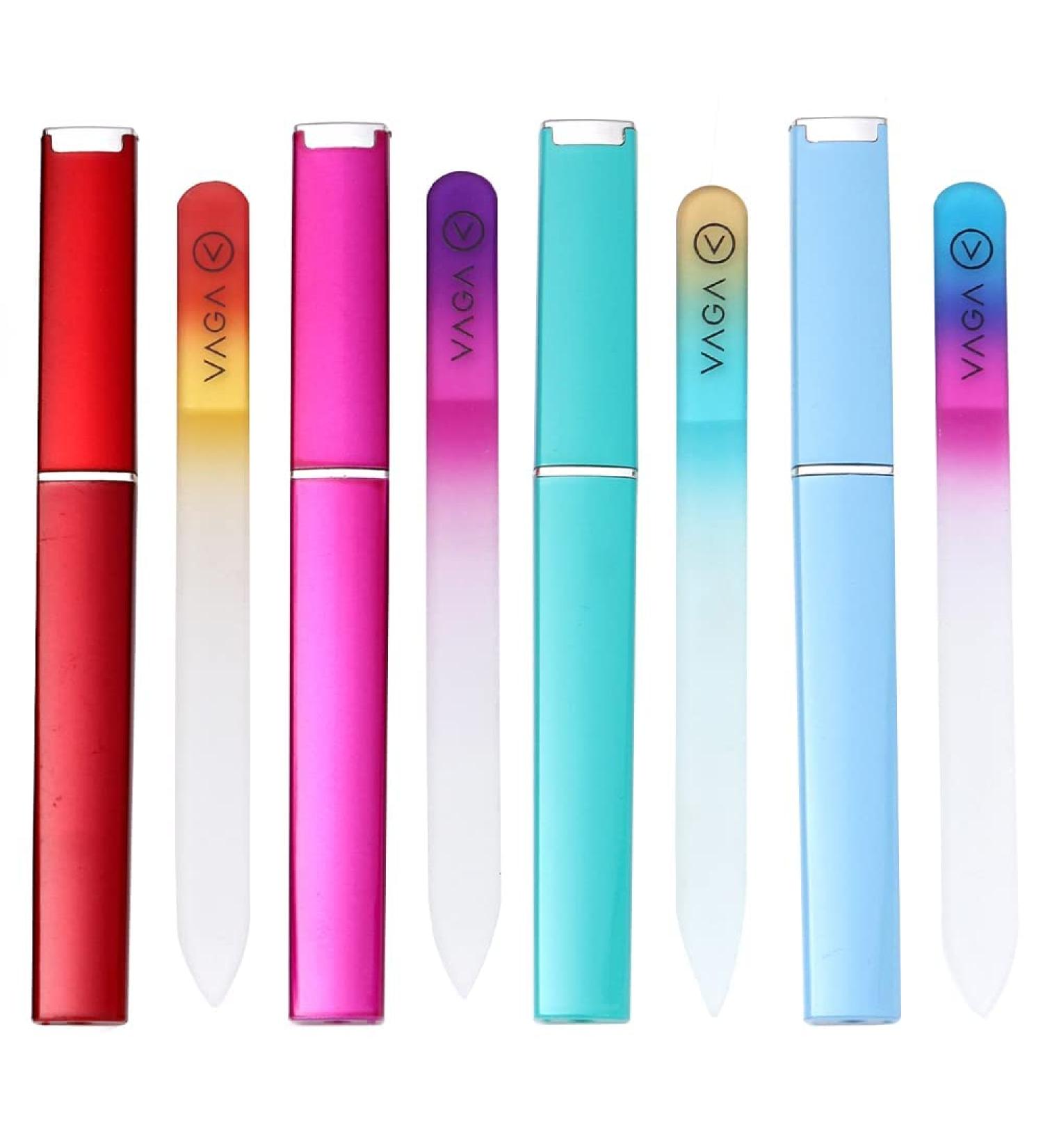 VAGA Glass Nail File Set - 4 Crystal Files for Natural and Acrylic Nails with Case - Fingernail Care Manicure Set in Cheeky Colors - Buy Online on GoSupps.com