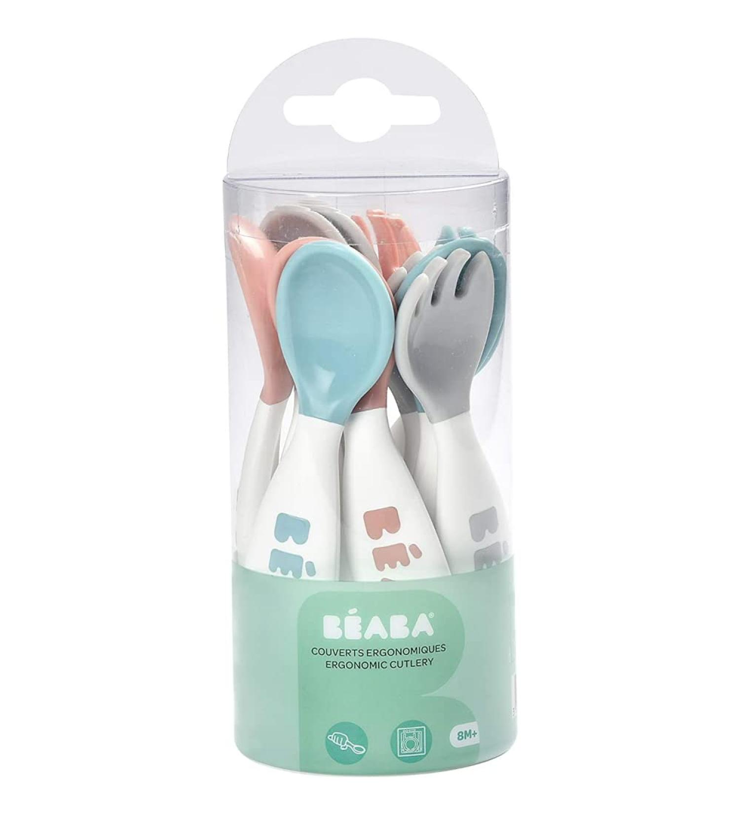 Beaba Ergonomic First Bestlay Set - 6 Spoons & 4 Forks for Babies | Short Rounded Handles | Left & Right-Hand Friendly | Available in Gray Blue Pink - Buy Online on GoSupps.com