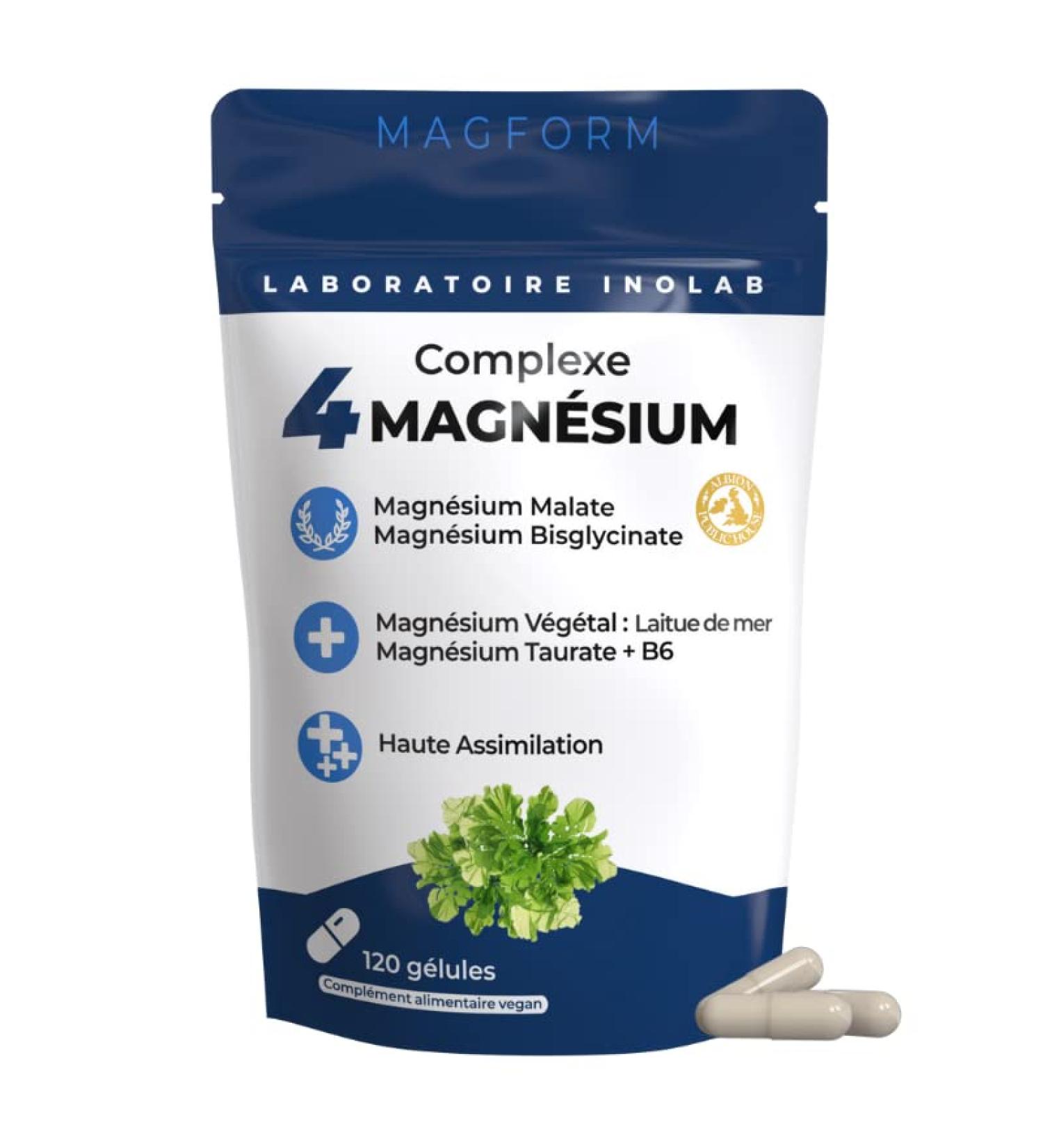 Inolab Synergy 4 Magnesium 1980mg/day & B6 | Bisglycinate + Malate + Organic Plant + Chelated Taurine | 300mg Pure Mg per day | Tolerance and Assimilation Superior to Marine Mg | Premium Quality - Buy Online on GoSupps.com