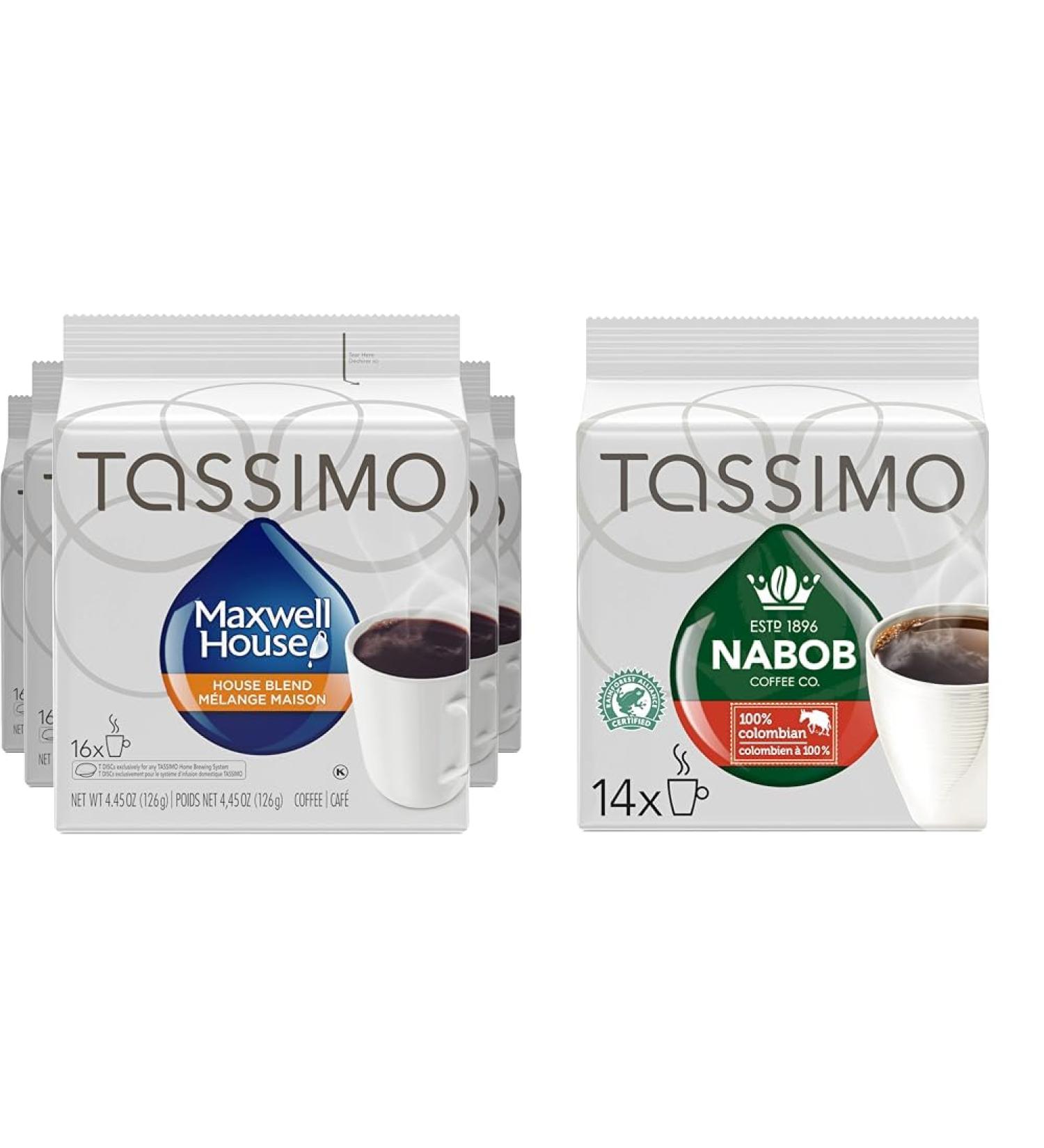 Tassimo Maxwell House House Blend Coffee Single Serve T-Discs 126g (5 Boxes of 16 T-Discs) & Nabob 100% Colombian Coffee Single Serve T-Discs 110g Coffee+ Columbian Coffee House Blend 80 count (Pack of 1) - Buy Online on GoSupps.com