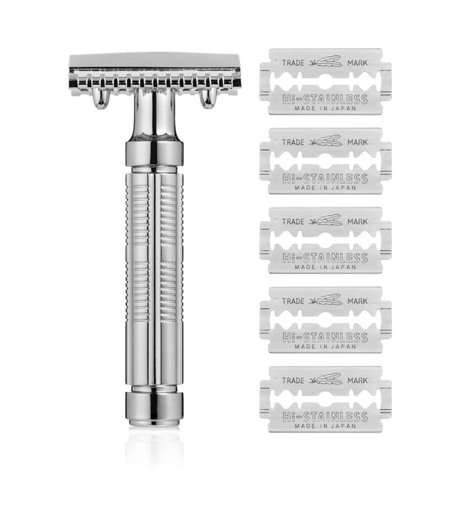 Mr. Fine Premium Double Edge Safety Razor - Perfect for Wet Shaving Close Shave 100% Metal Includes 5 Feather Blades - Buy Online on GoSupps.com