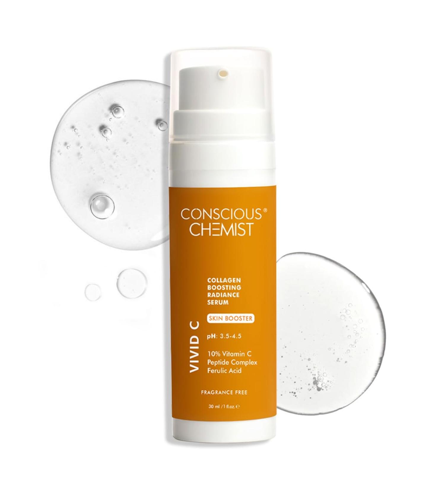 Conscious Chemist Vitamin C 10% Face Serum | 30ml | Brightening & Anti-Aging Serum with Ferulic Acid | Reduces Dark Circles Fine Lines & Dullness | For Glowing Skin Men & Women - Buy Online on GoSupps.com