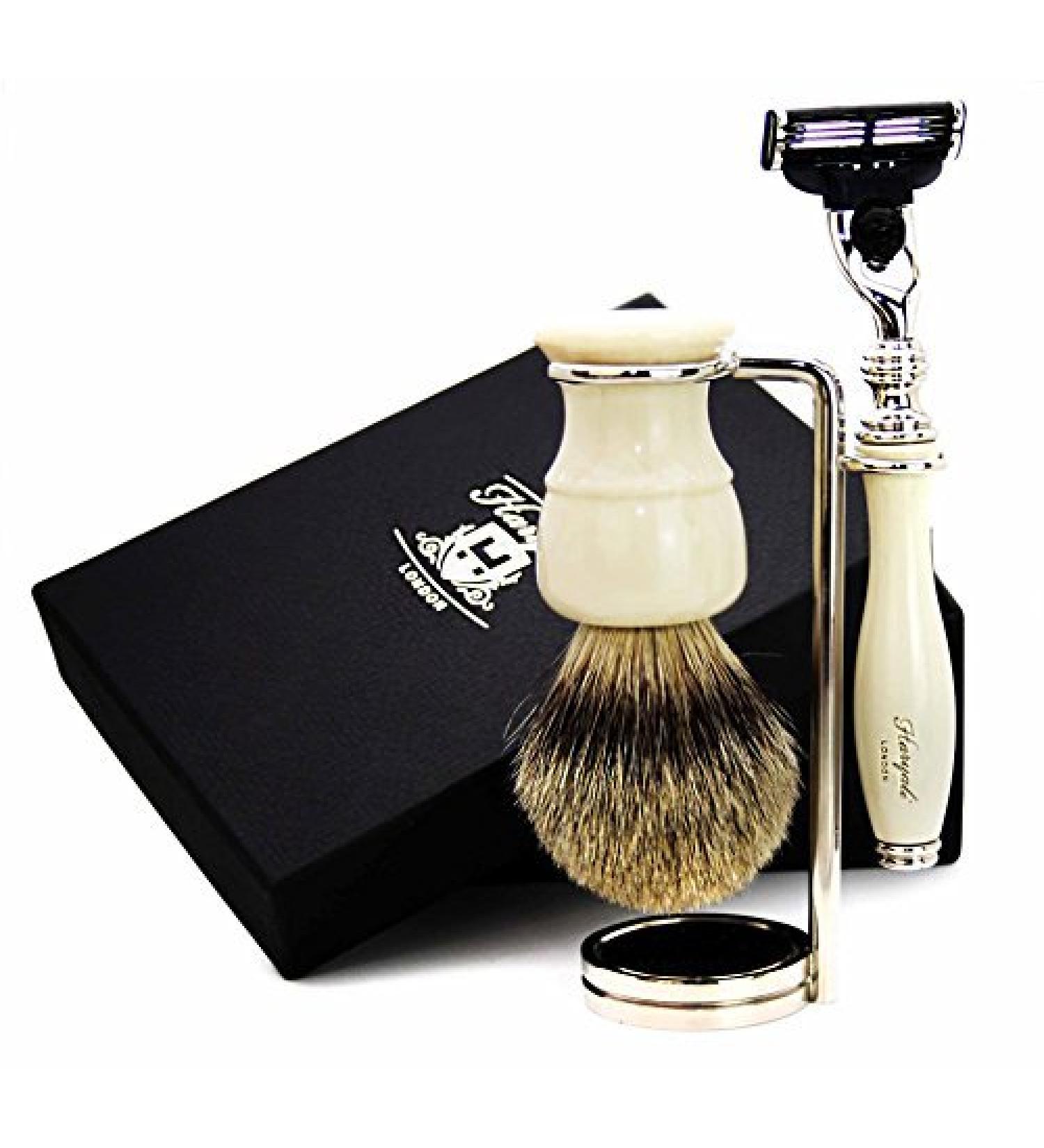 3 Pc Men's Shaving Kit - Premium 3 Edge Razor Silver Tip Badger Hair Brush & Stainless Steel Stand - Perfect Gift for Men - Buy Online on GoSupps.com