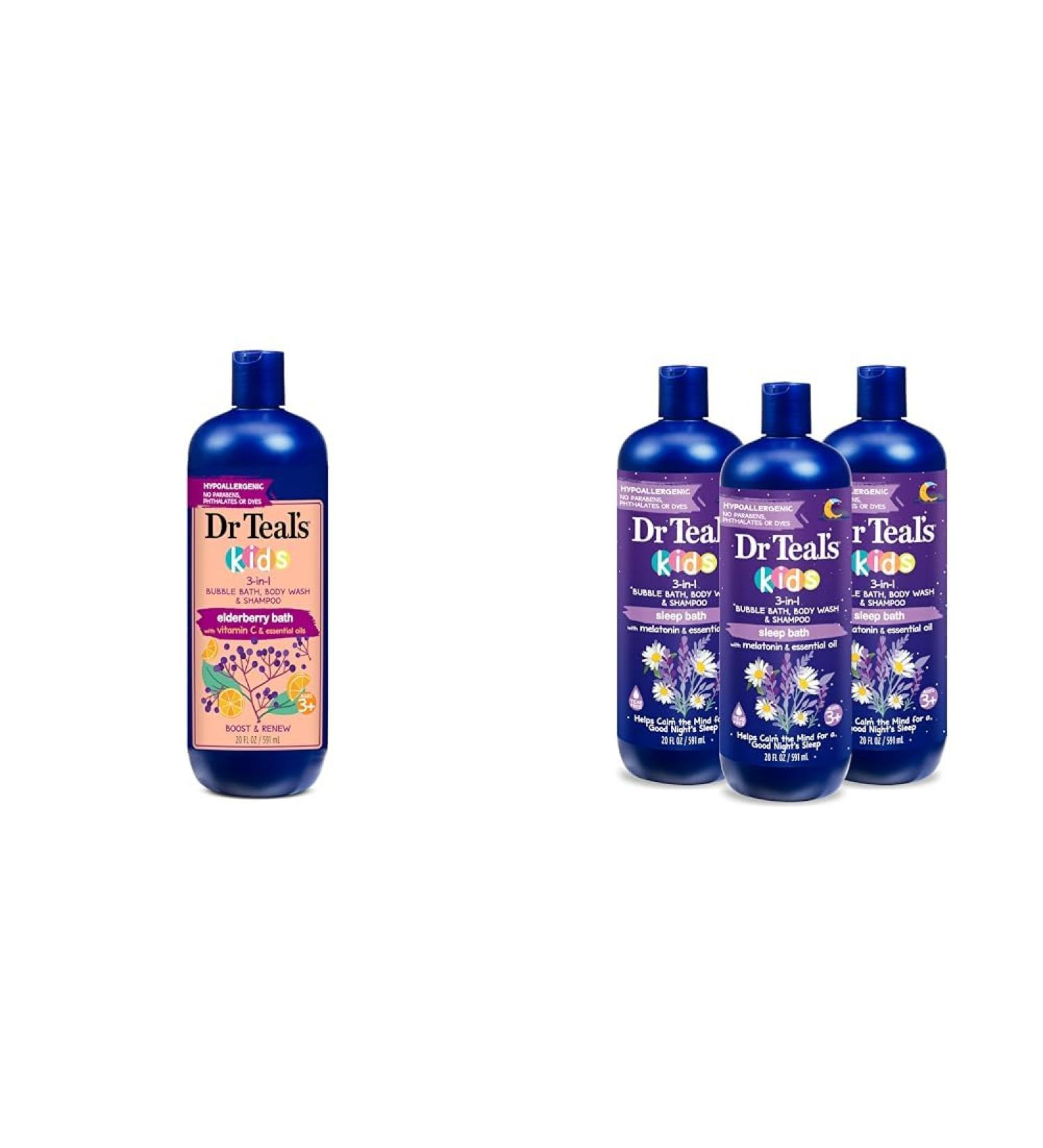 Dr Teal's Kids 3-in-1 Elderberry Bath: Bubble Bath Body Wash & Shampoo 20 fl oz. & Kids 3-in-1 Sleep Bath: Bubble Bath Body Wash & Shampoo with Melatonin & Essential Oil 20 fl oz (Pack of 3) - Buy Online on GoSupps.com