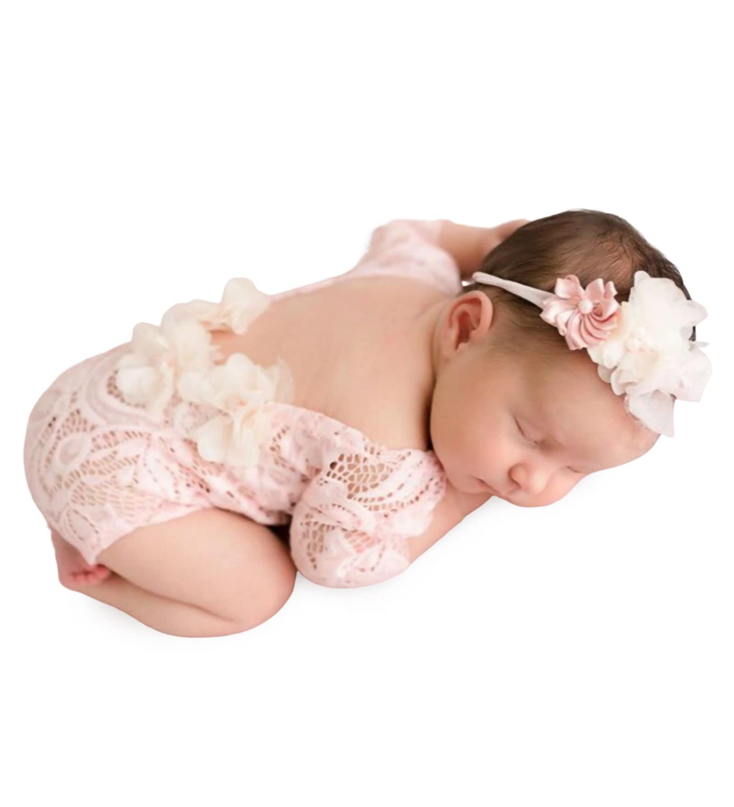 Yuehuam Newborn Girl Lace Rompers Photography Outfit with Flower Headband - Pink - Buy Online on GoSupps.com