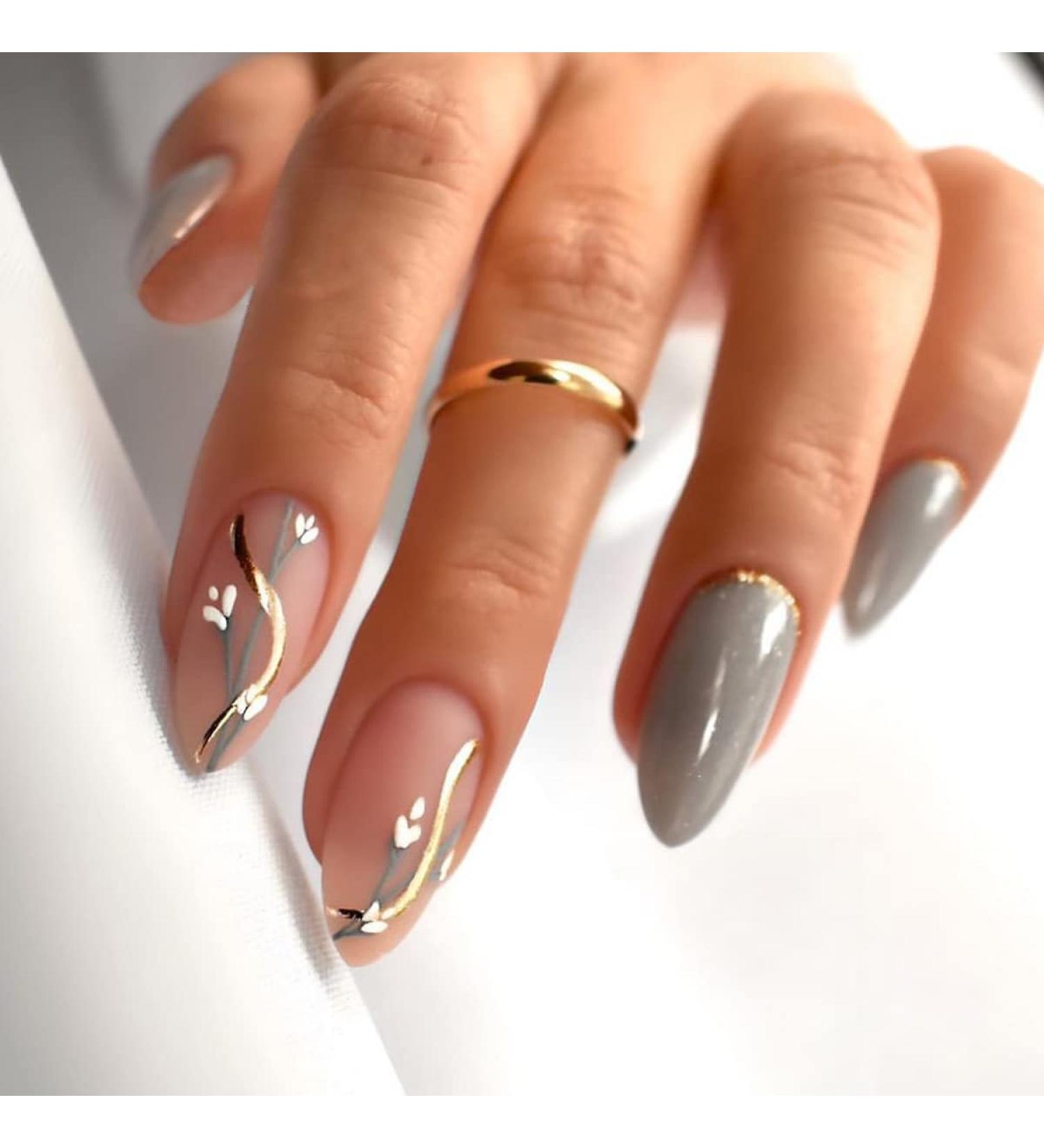 Almond Press on Nails Medium with Flower Glitter Designs - Pink/Gray False Nails - 24Pcs - Buy Online on GoSupps.com